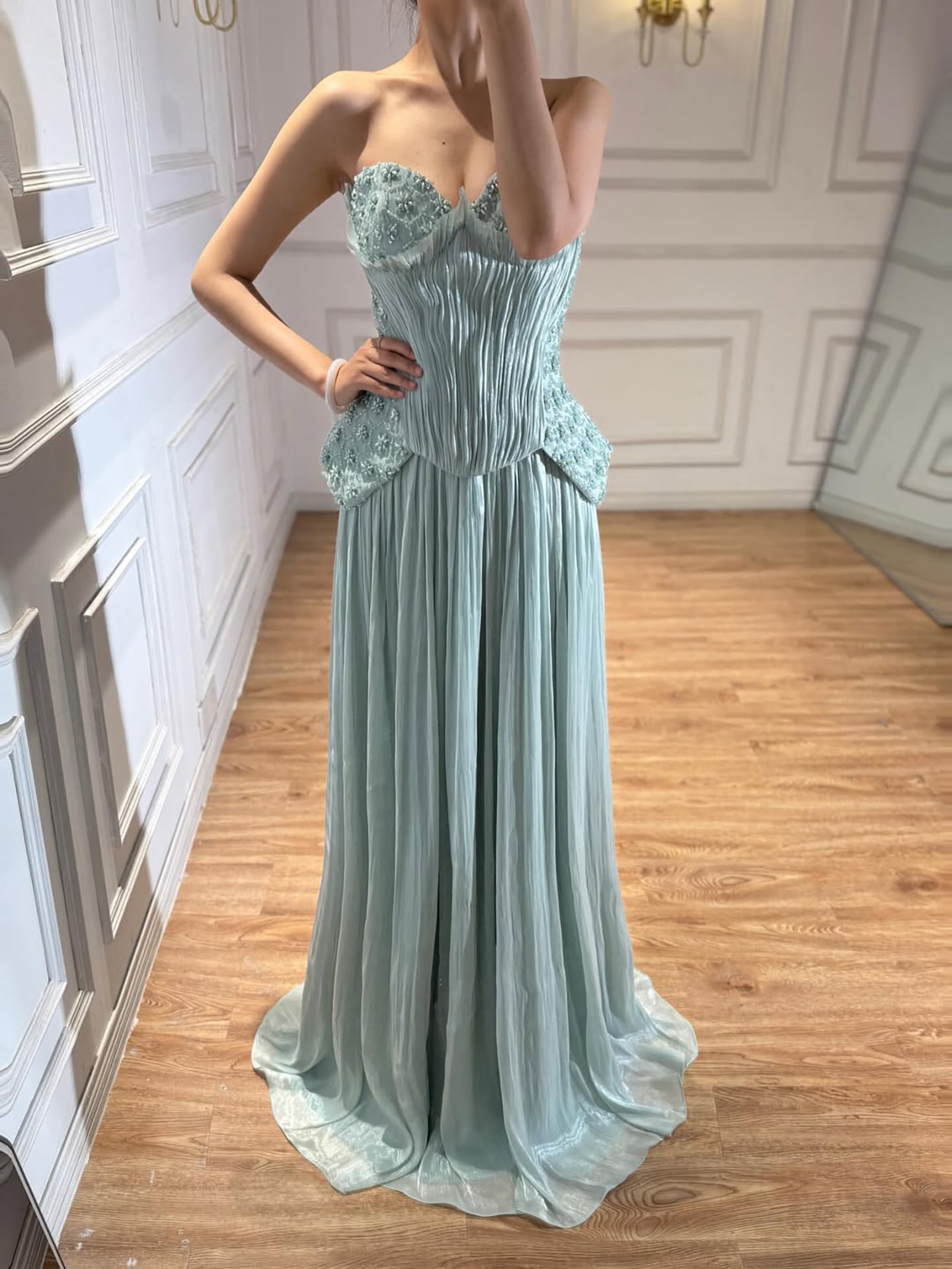 Luxury Sage Green Two Pieces Corset Evening Dress LA73360