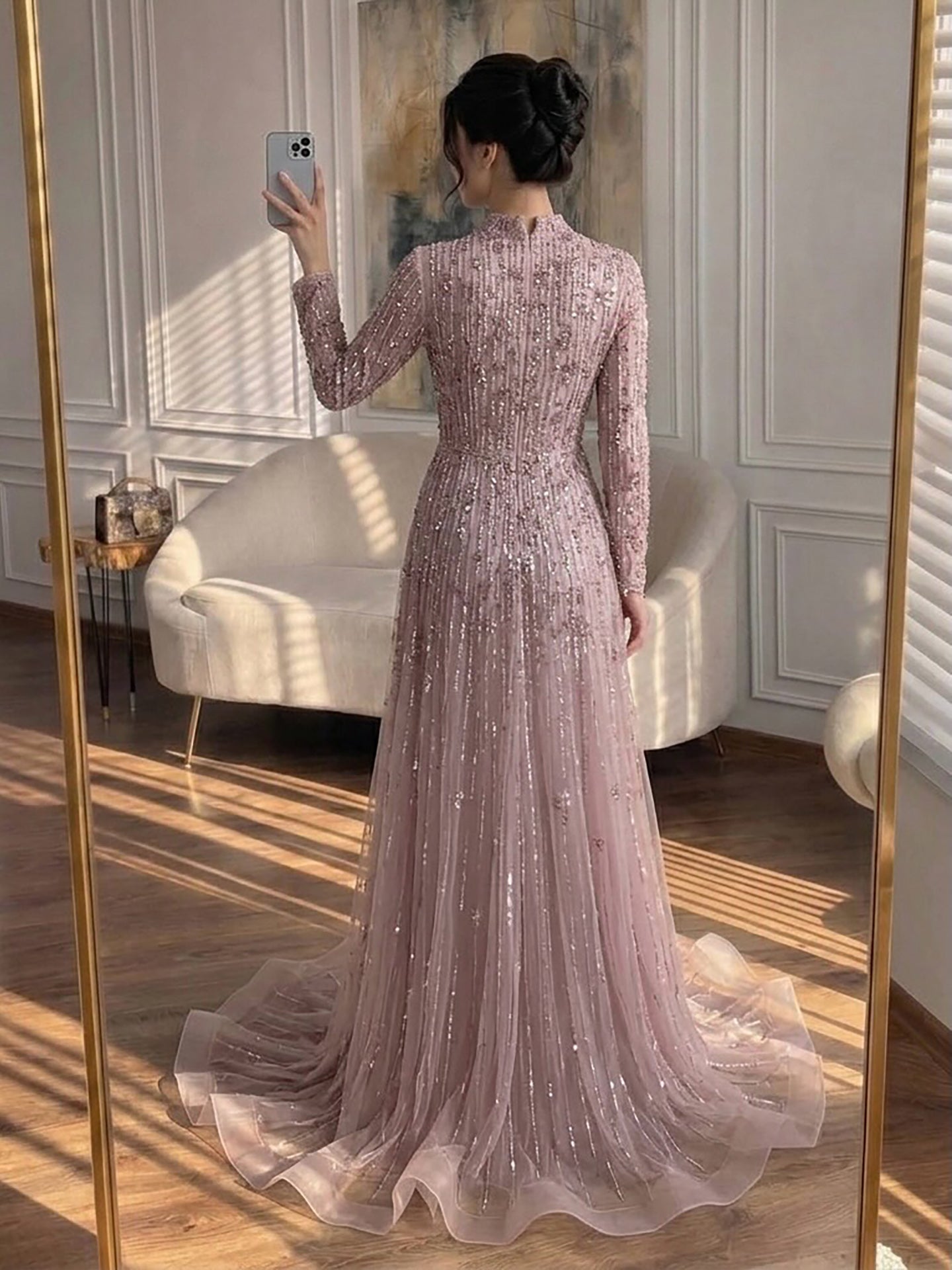 Luxury Pink Beaded Long Sleeve High Neck A Line Evening Dress LA73363 SERENE HILL