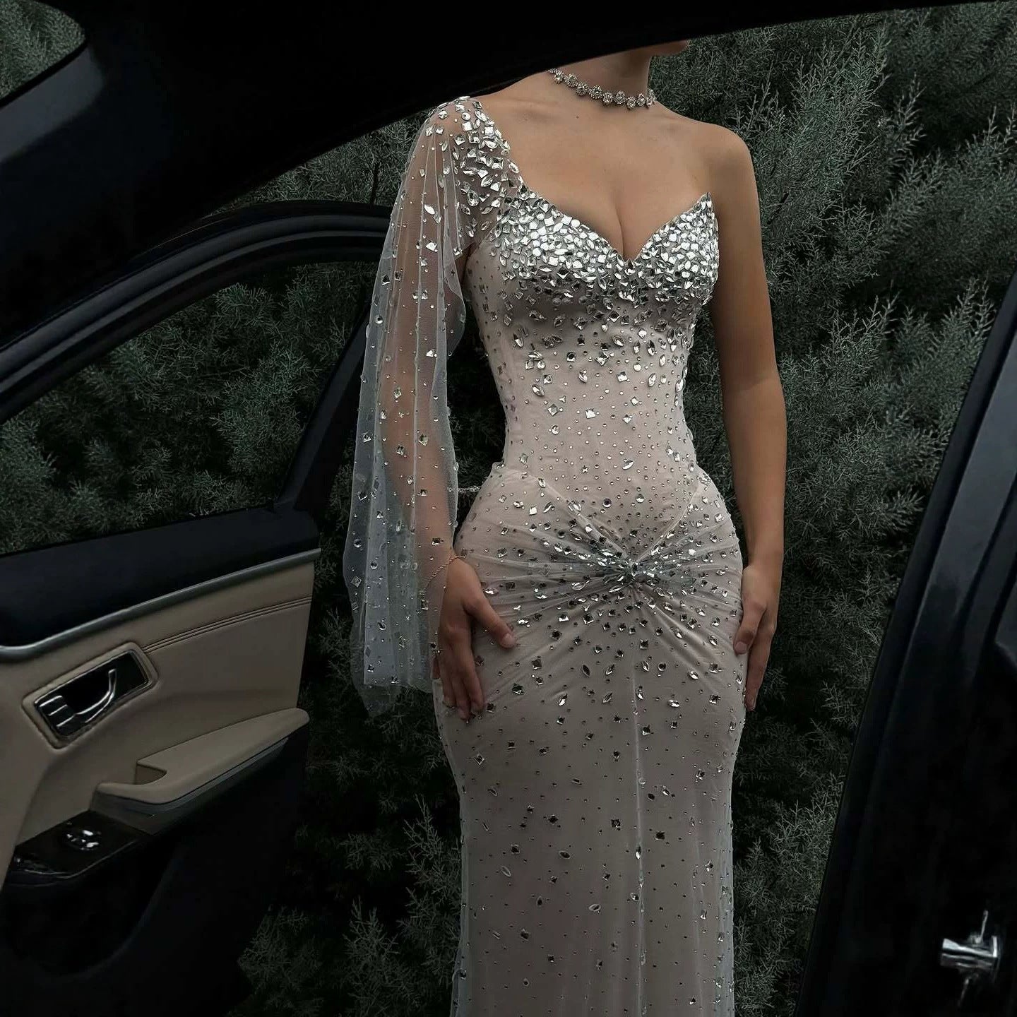 Luxury Nude Crystal Beaded One Shoulder Mermaid Evening Dress LA73364 SERENE HILL