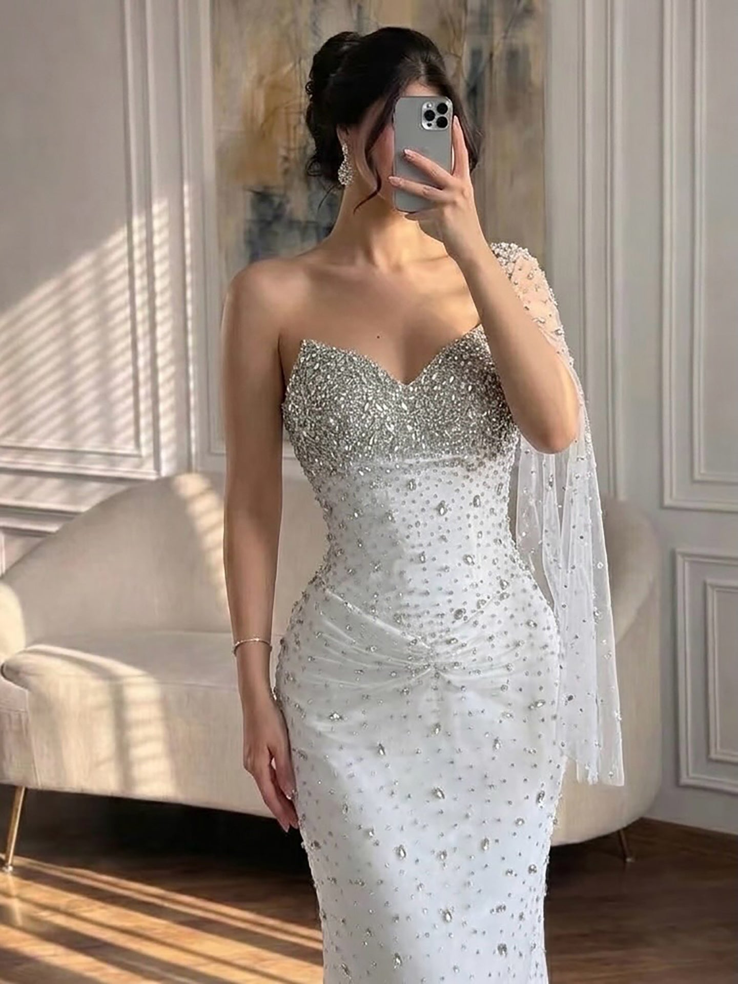 Luxury Sliver Nude Crystal Beaded One Shoulder Mermaid Evening Dress LA73364 SERENE HILL