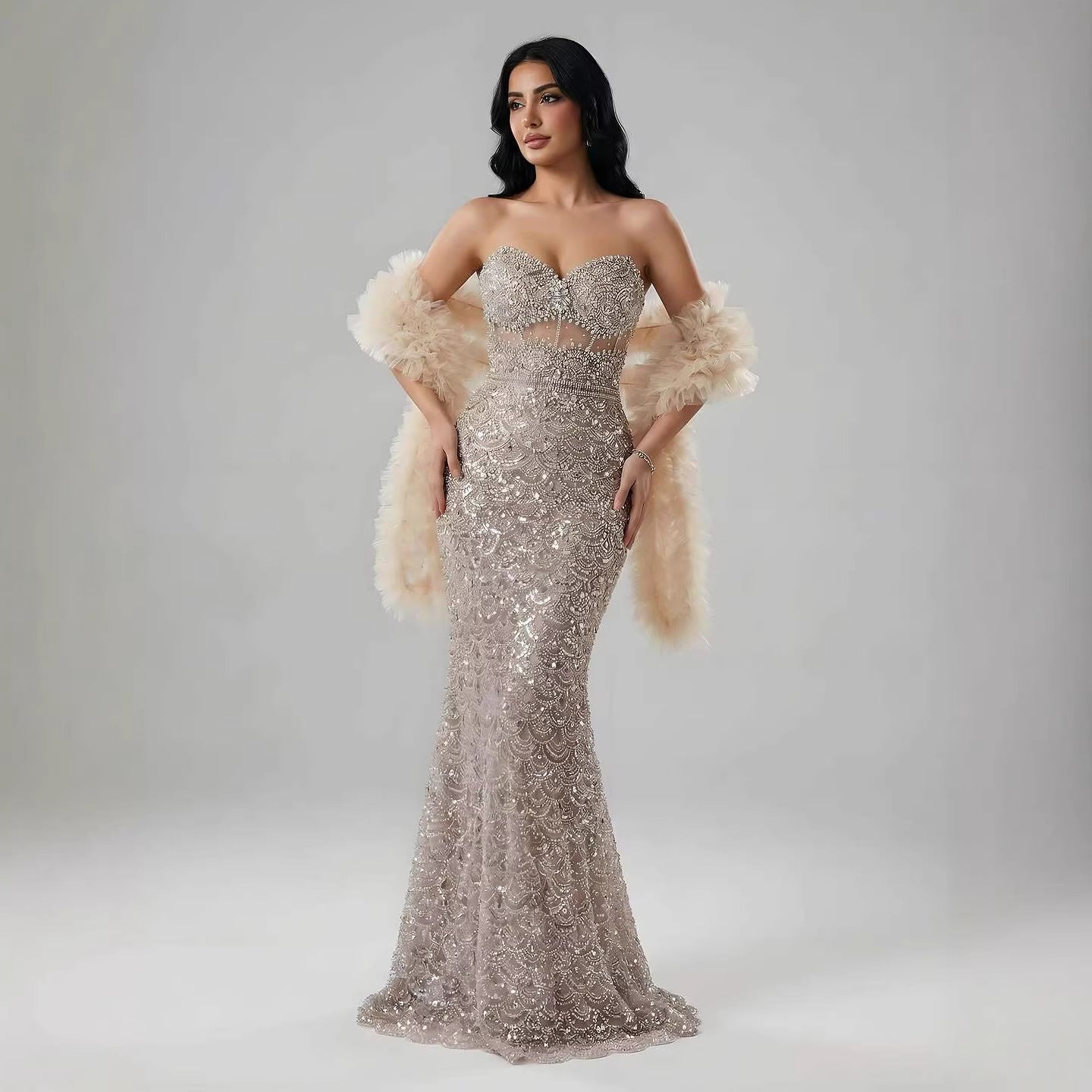 Luxury Arabic Cream Evening Dress With Cape LA73365B