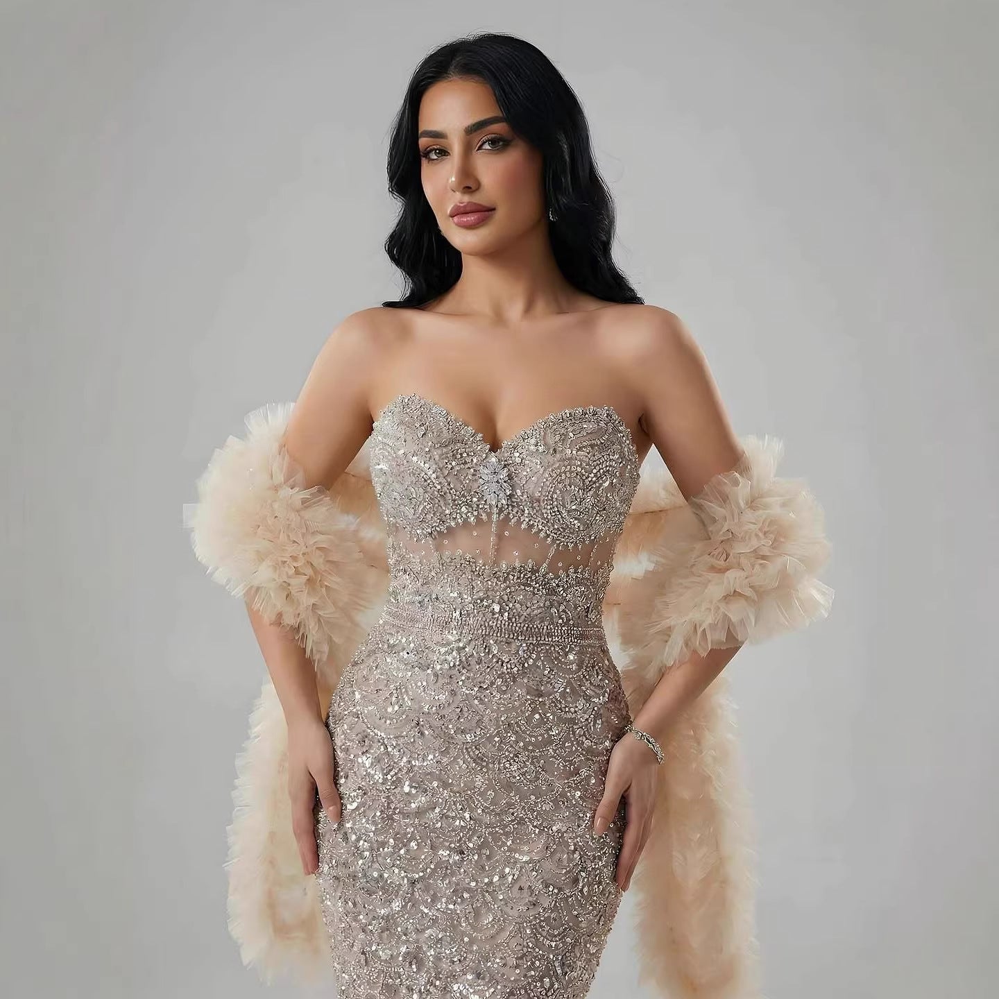 Luxury Arabic Cream Evening Dress With Cape LA73365B