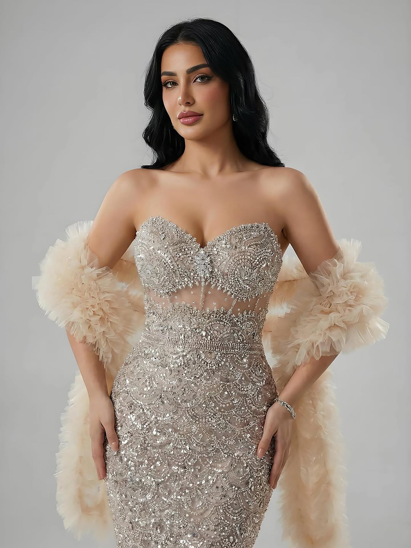 Luxury Arabic Cream Evening Dress With Cape LA73365B
