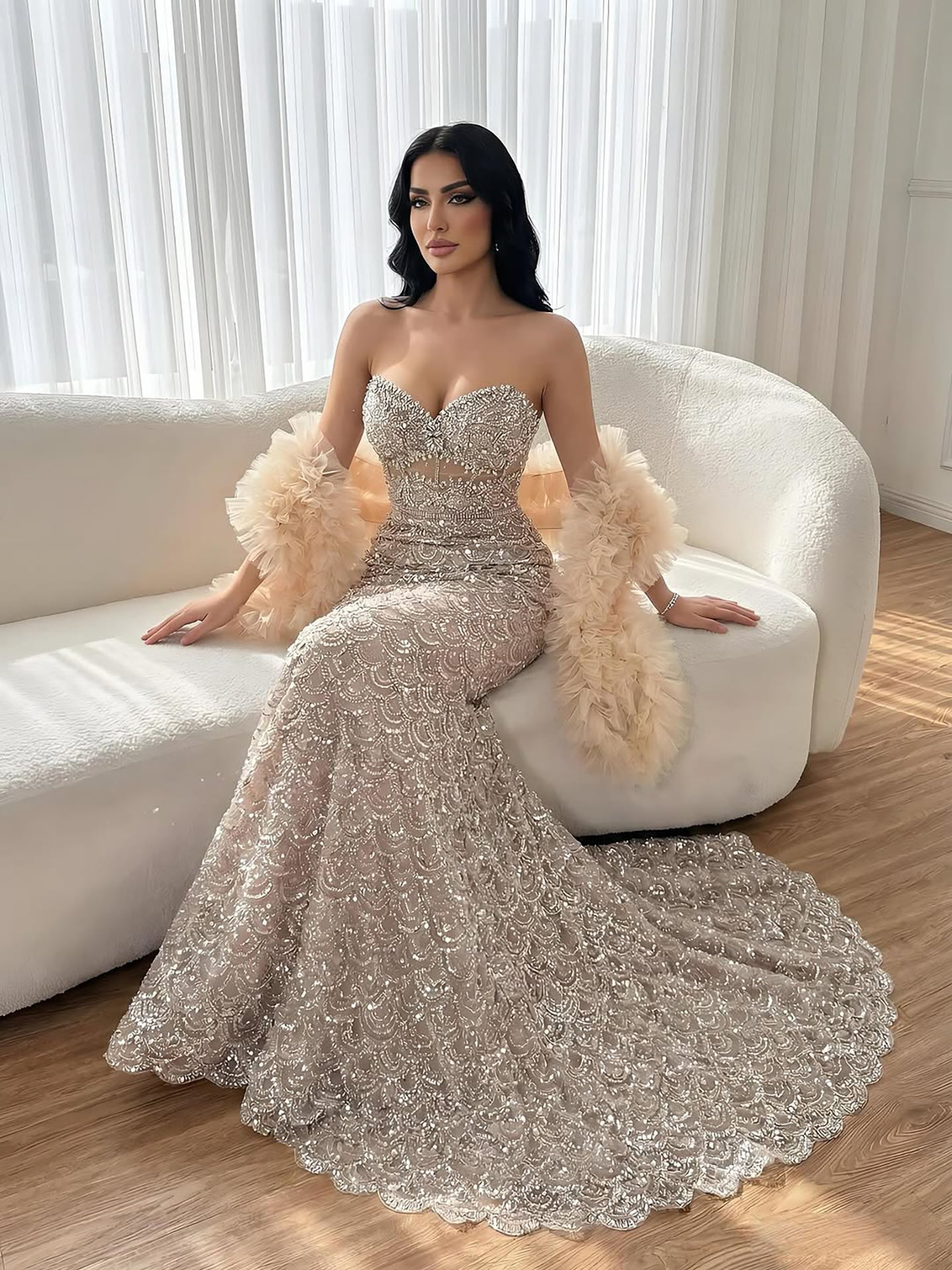 Luxury Arabic Cream Evening Dress With Cape LA73365B