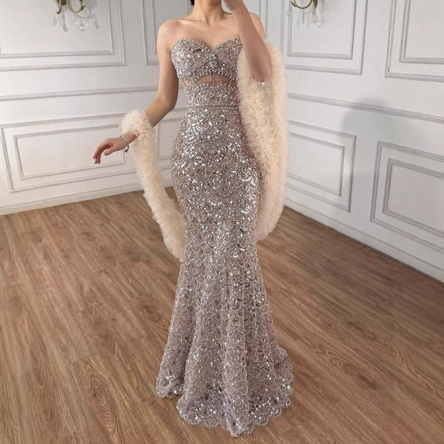 Luxury Arabic Cream Evening Dress With Cape LA73365B