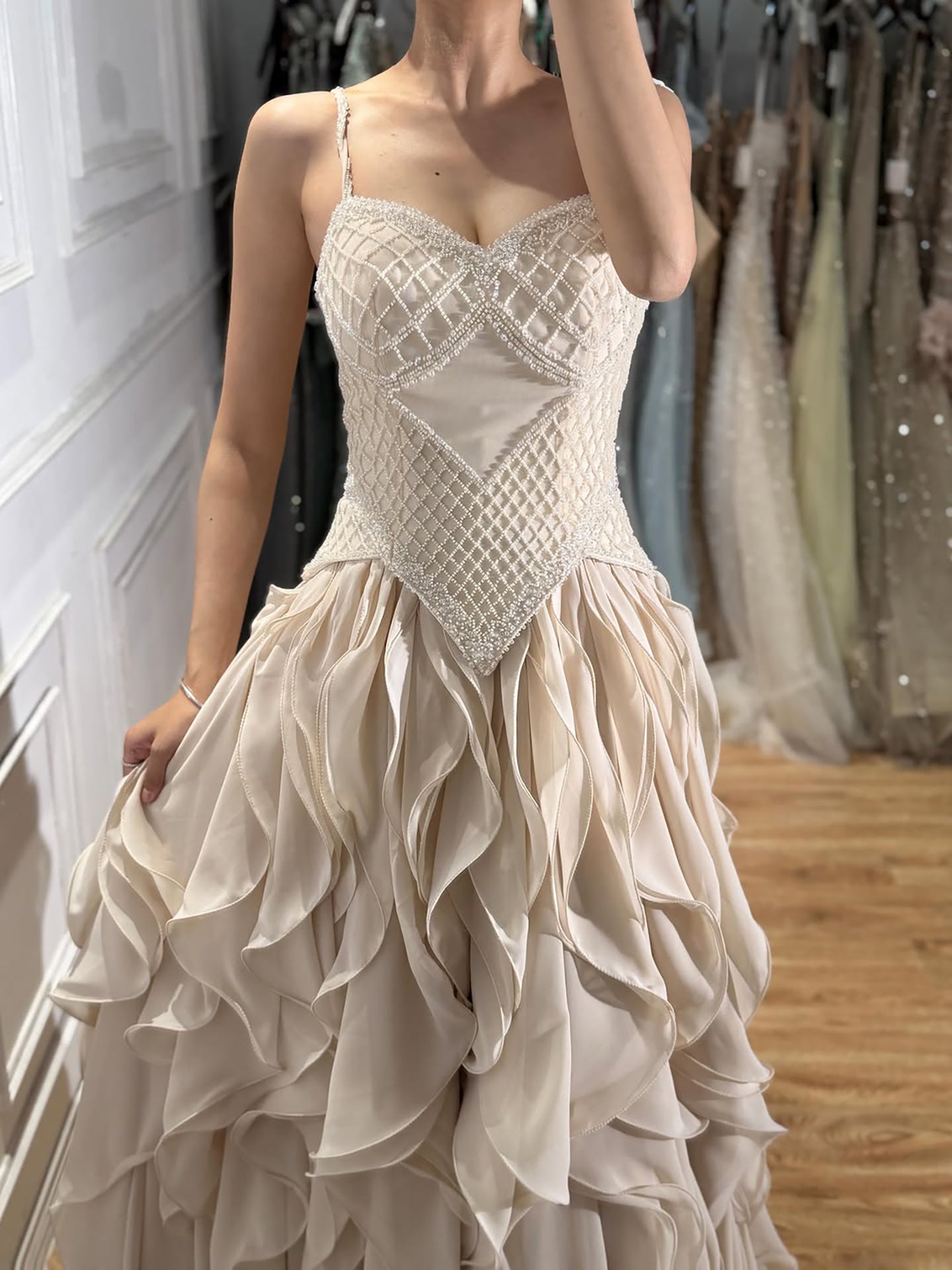 Luxury Cream Beaded A Line Evening Dress Ruffle Tiered Skirt LA73368 SERENE HILL