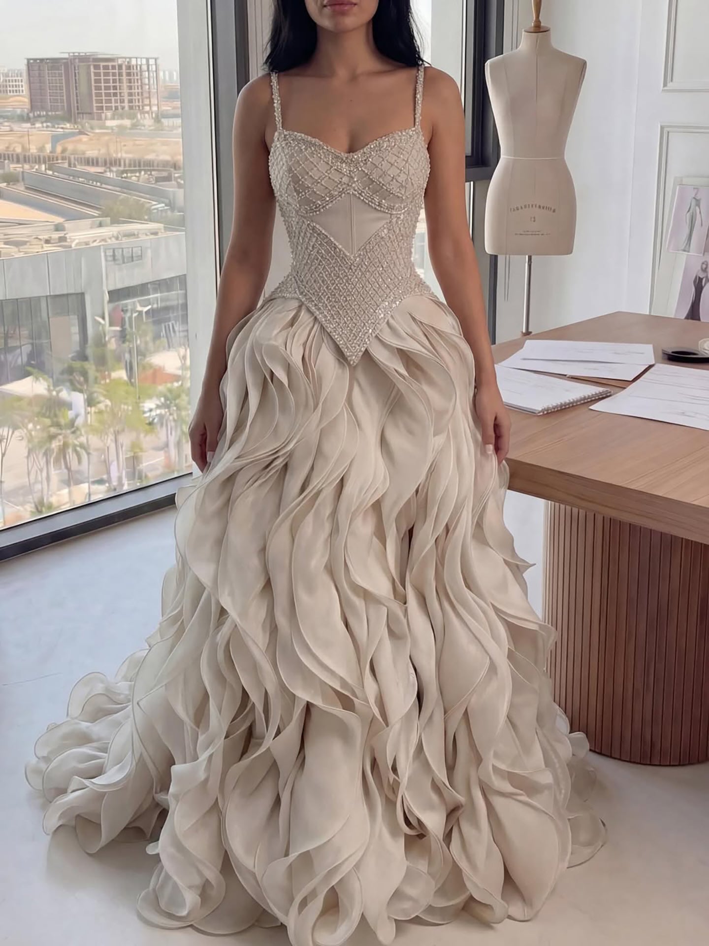 Luxury Cream Beaded A Line Evening Dress Ruffle Tiered Skirt LA73368 - SERENE HILL