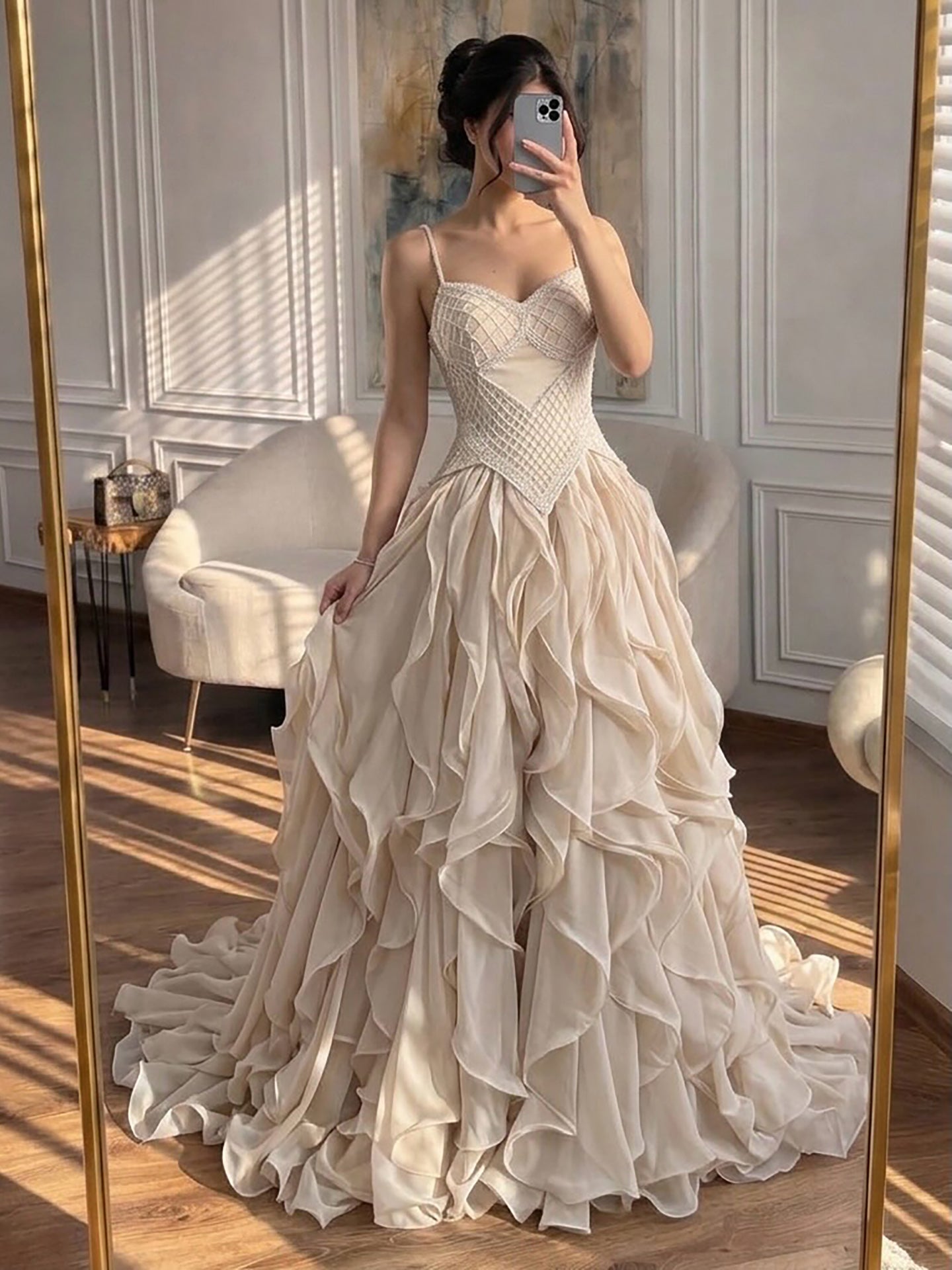 Luxury Cream Beaded A Line Evening Dress Ruffle Tiered Skirt LA73368 SERENE HILL
