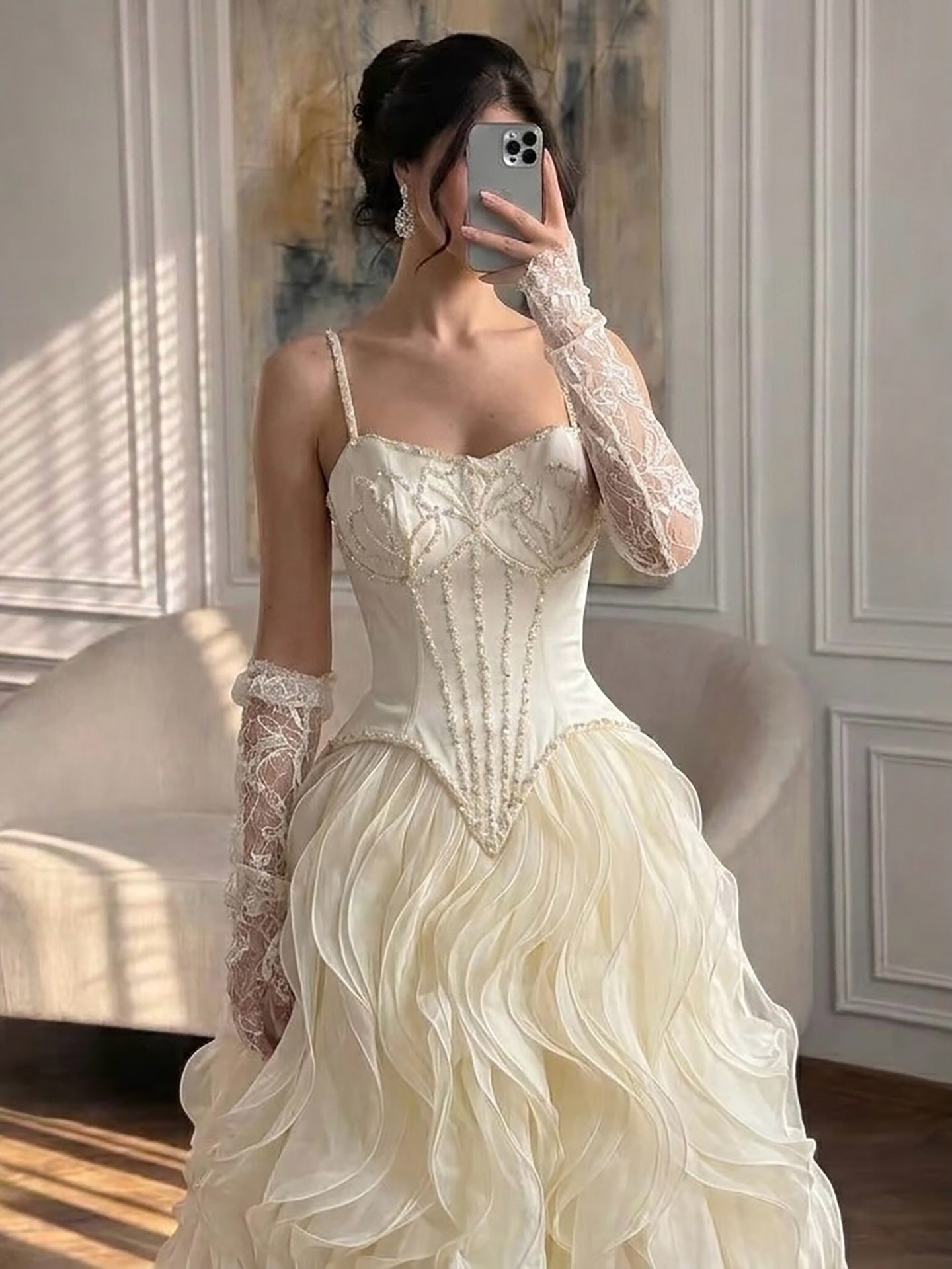 Luxury Gray Beaded Mermaid Corset Tulle Evening Dress With Gloves LA73368A SERENE HILL