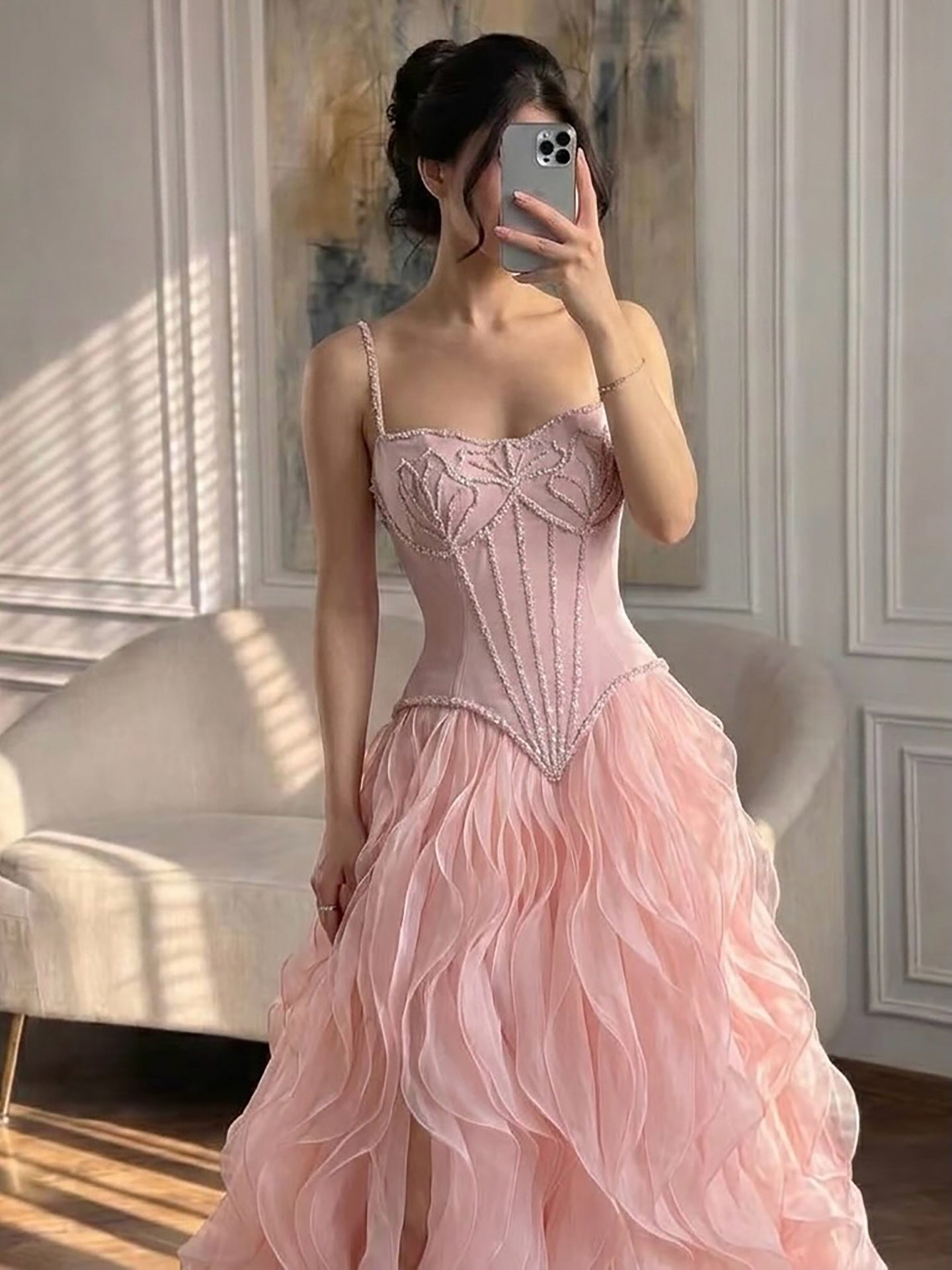 Luxury Gray Beaded Mermaid Corset Tulle Evening Dress With Gloves LA73368A SERENE HILL