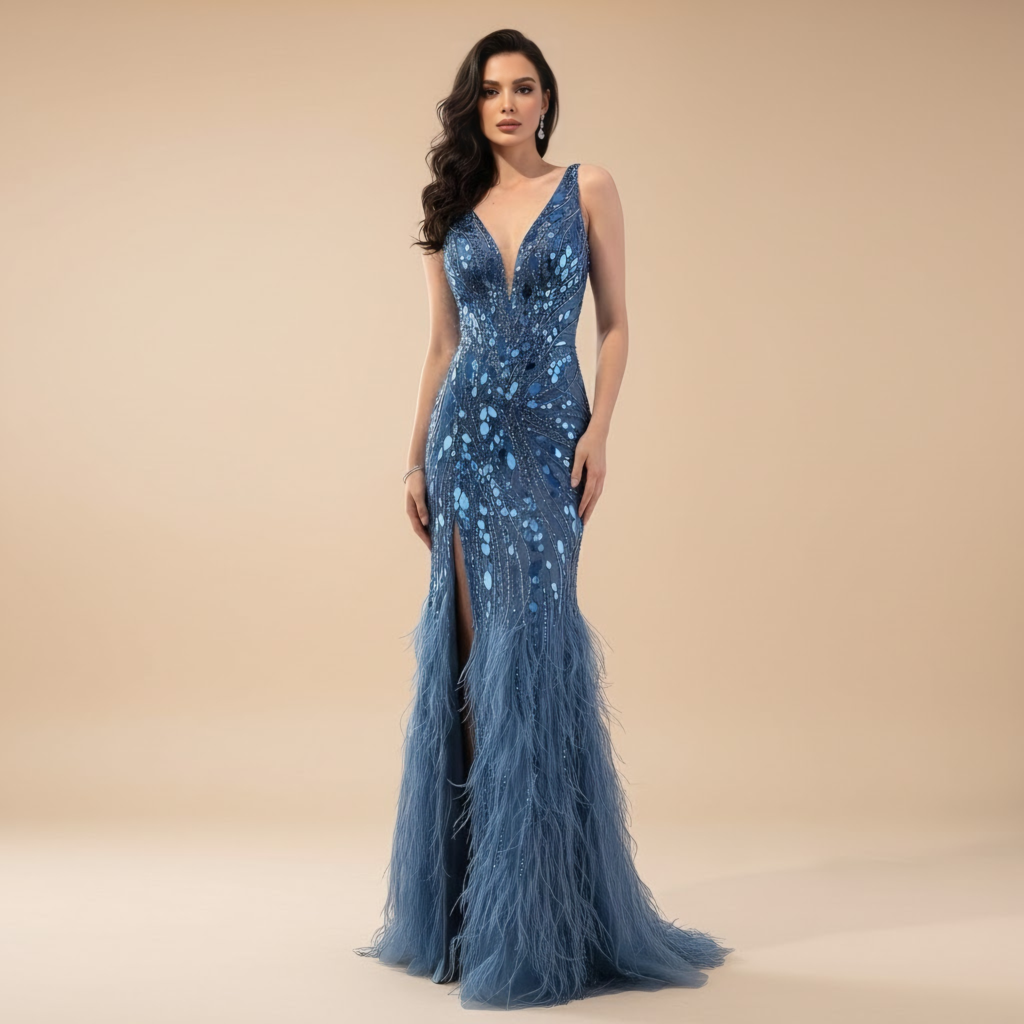 Luxury Blue Beaded Feather Mermaid Evening Dress LA73369 - SERENE HILL