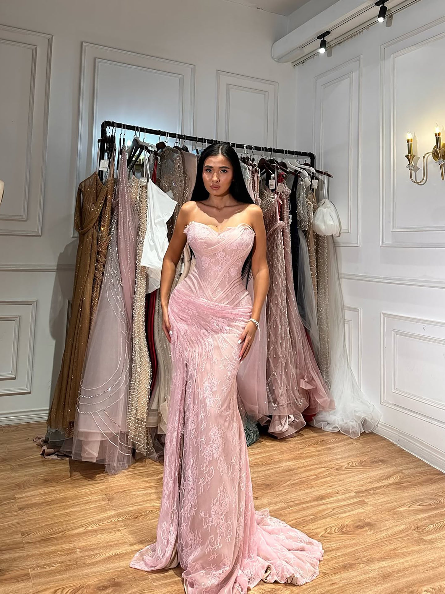 Luxury Pink Saudi Arabic Lace Embroidery Evening Dress LA73373 SERENE HILL