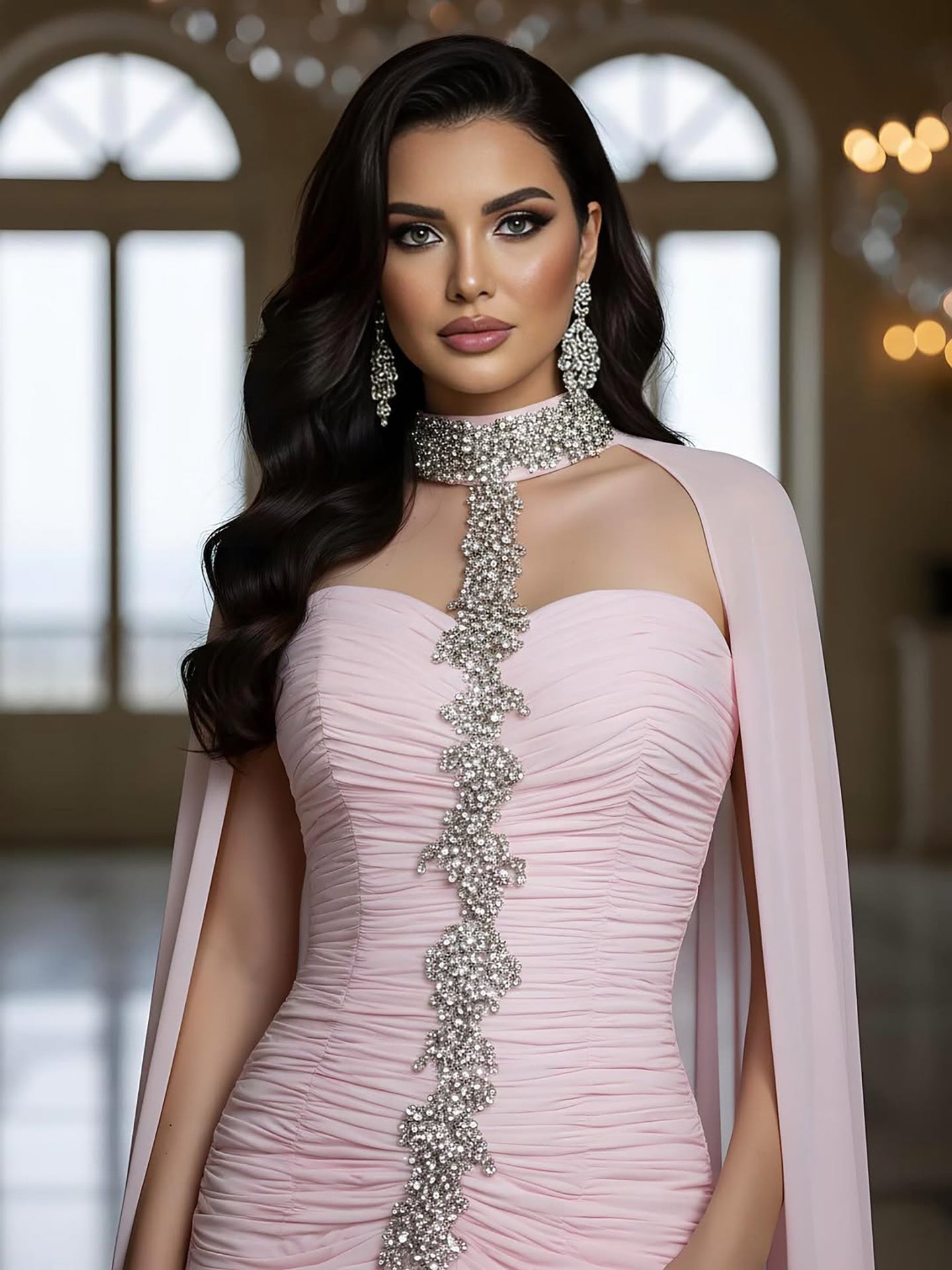Luxury Pink Halter Crystal Beaded Evening Dress with Cape LA73374 - SERENE HILL