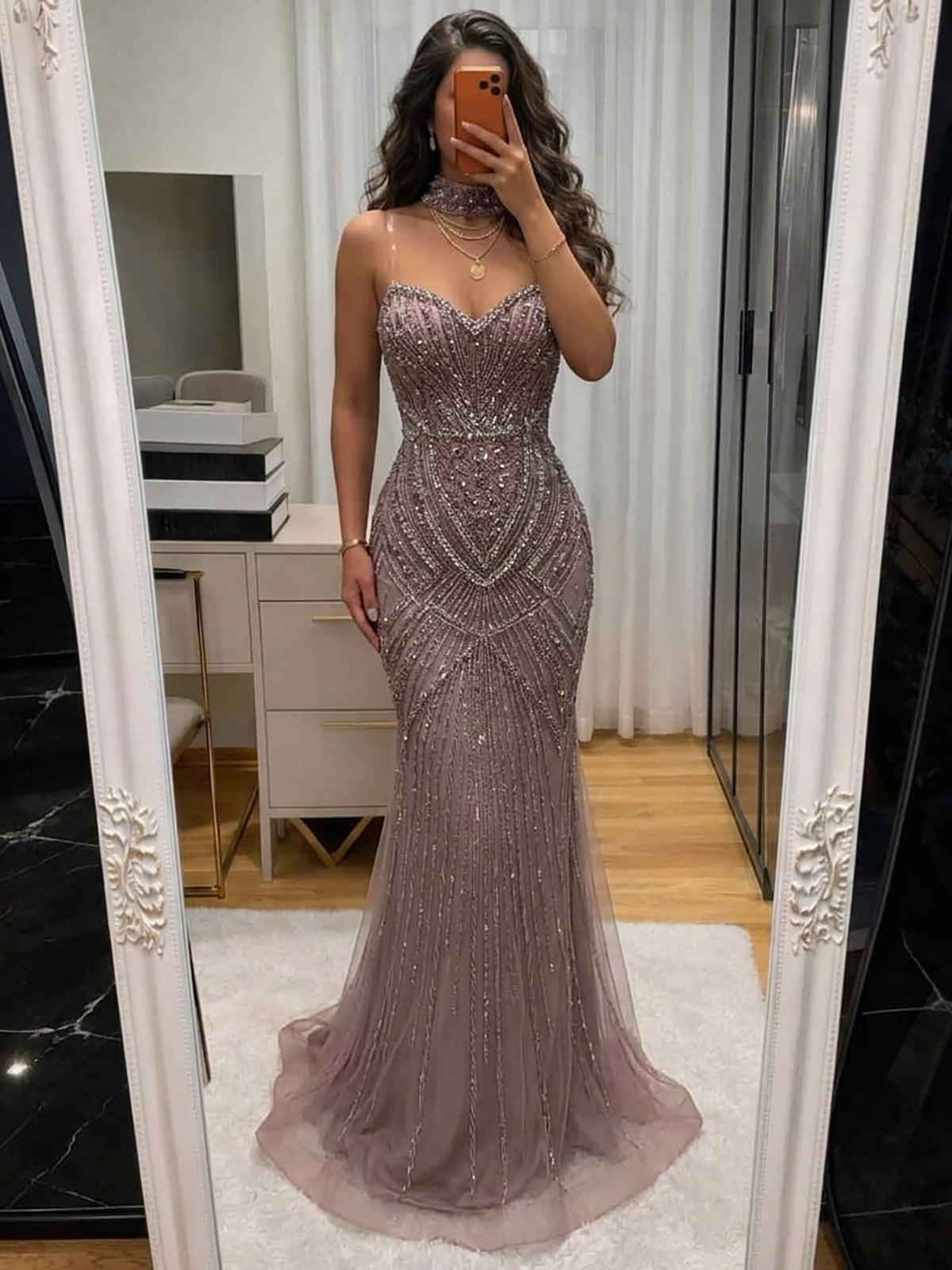Luxury Nude Crystal Beaded Mermaid Evening Dress LA73375