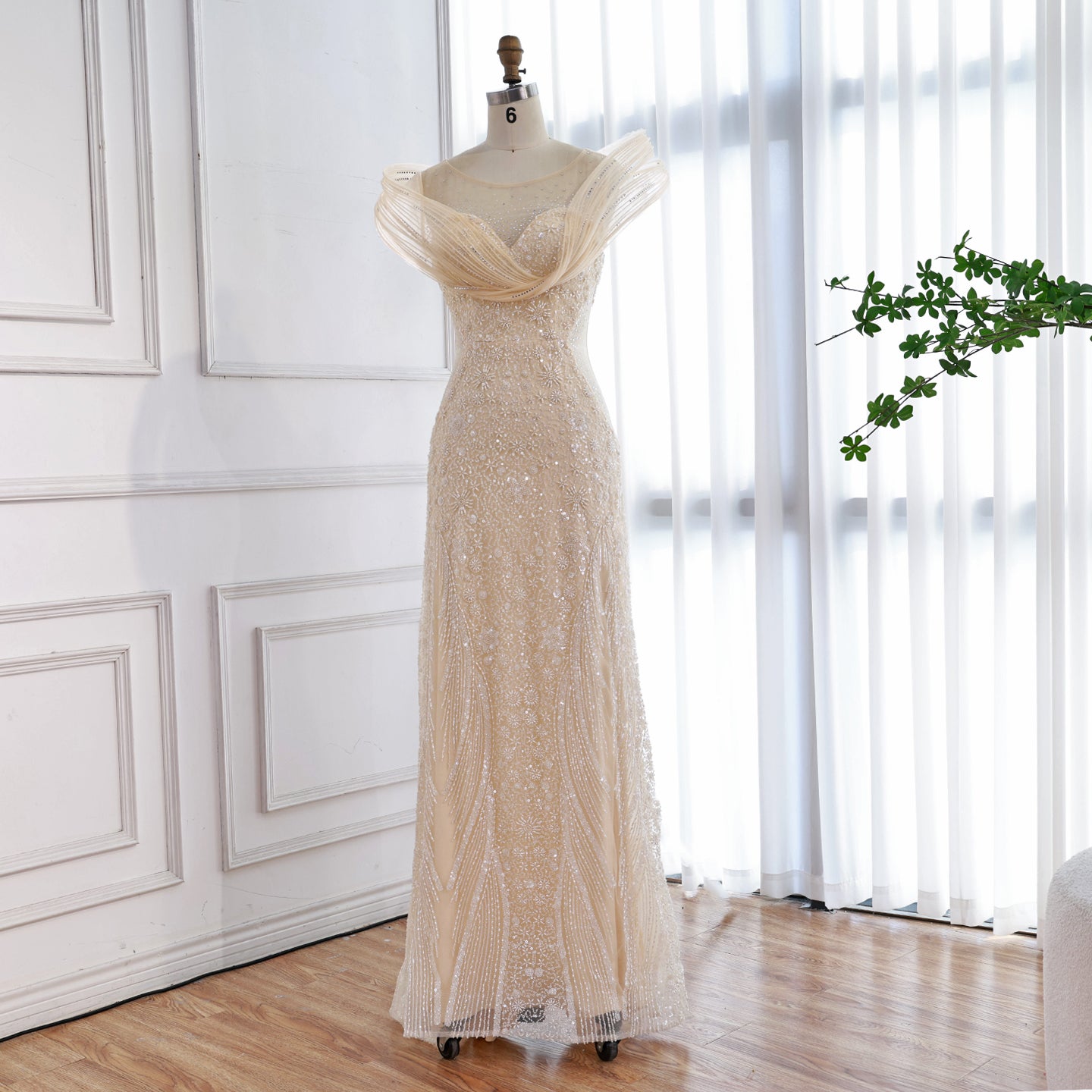 Luxury Cream Beaded Elegant Mermaid Evening Dress LA73386