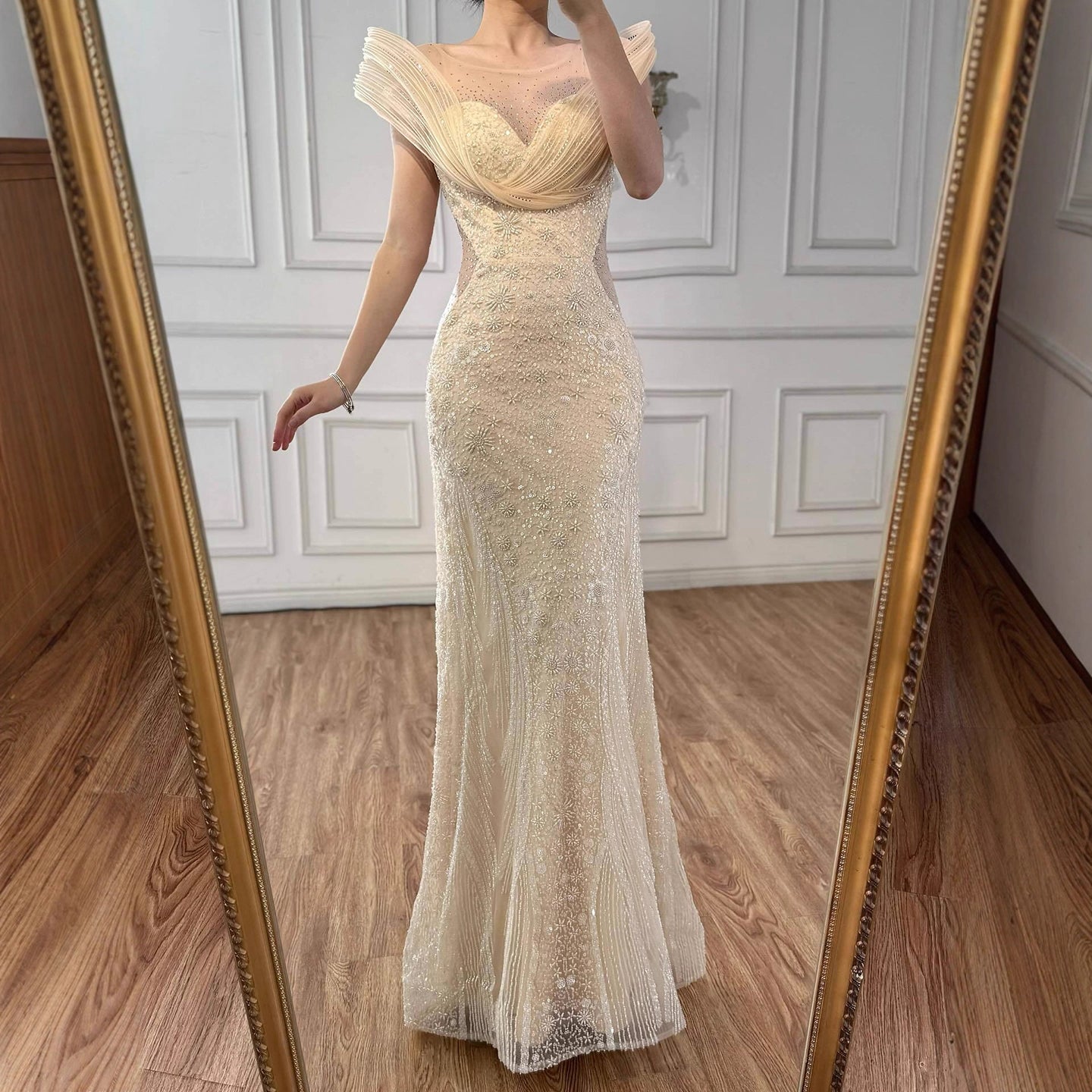 Luxury Cream Beaded Elegant Mermaid Evening Dress LA73386 Cream / 8