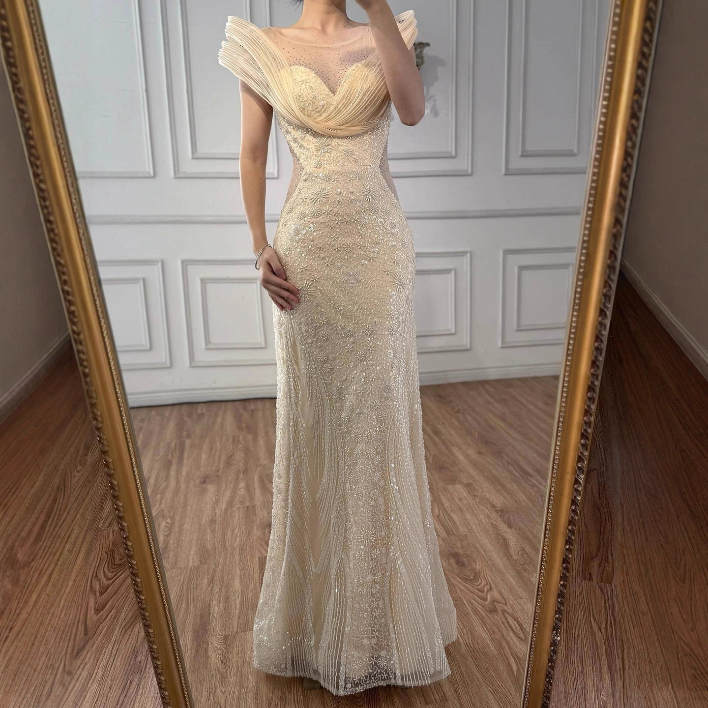 Luxury Cream Beaded Elegant Mermaid Evening Dress LA73386