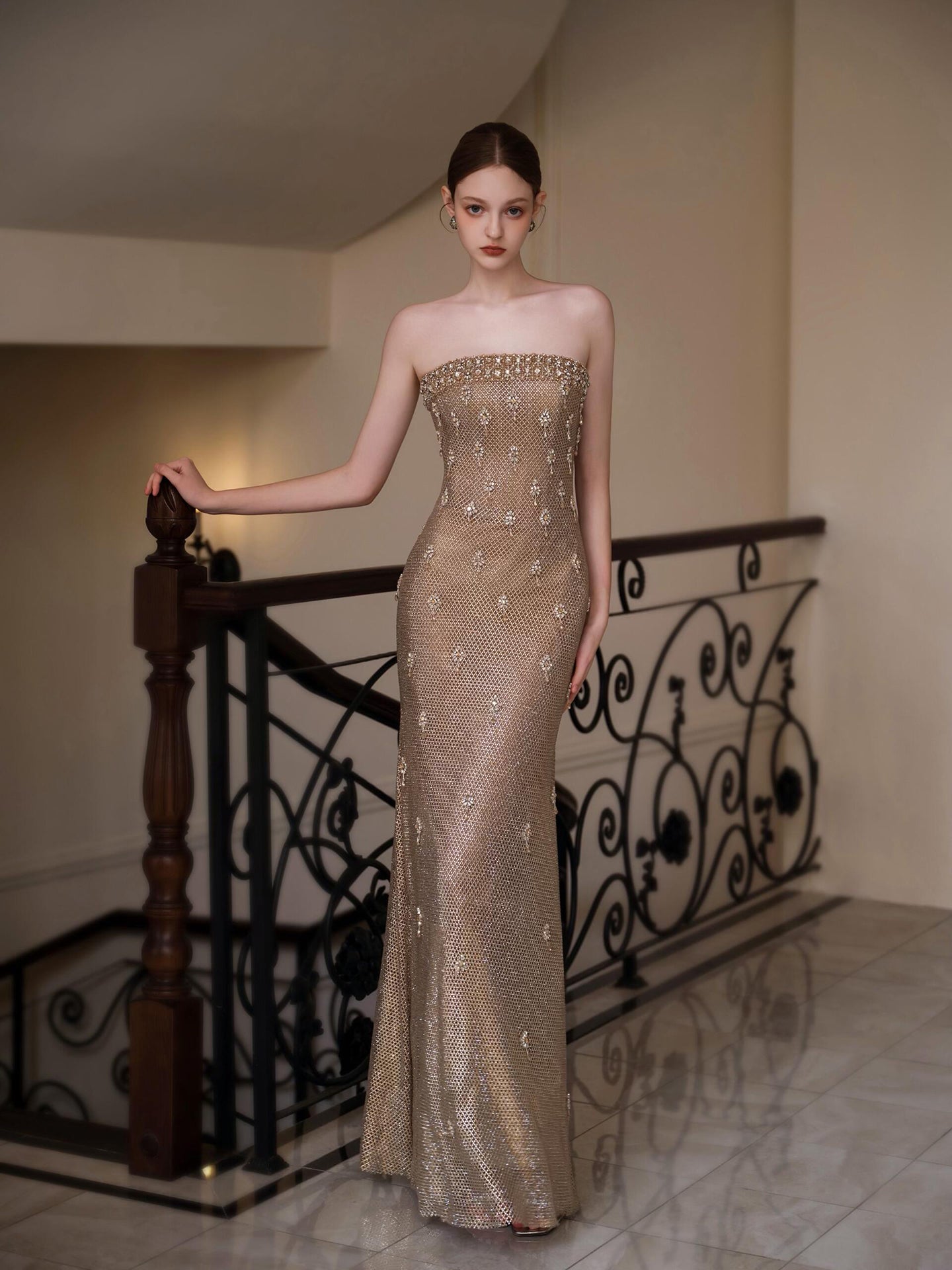 Luxury Gold Crystal Mermaid Evening Dress With Cape LA73387 - SERENE HILL