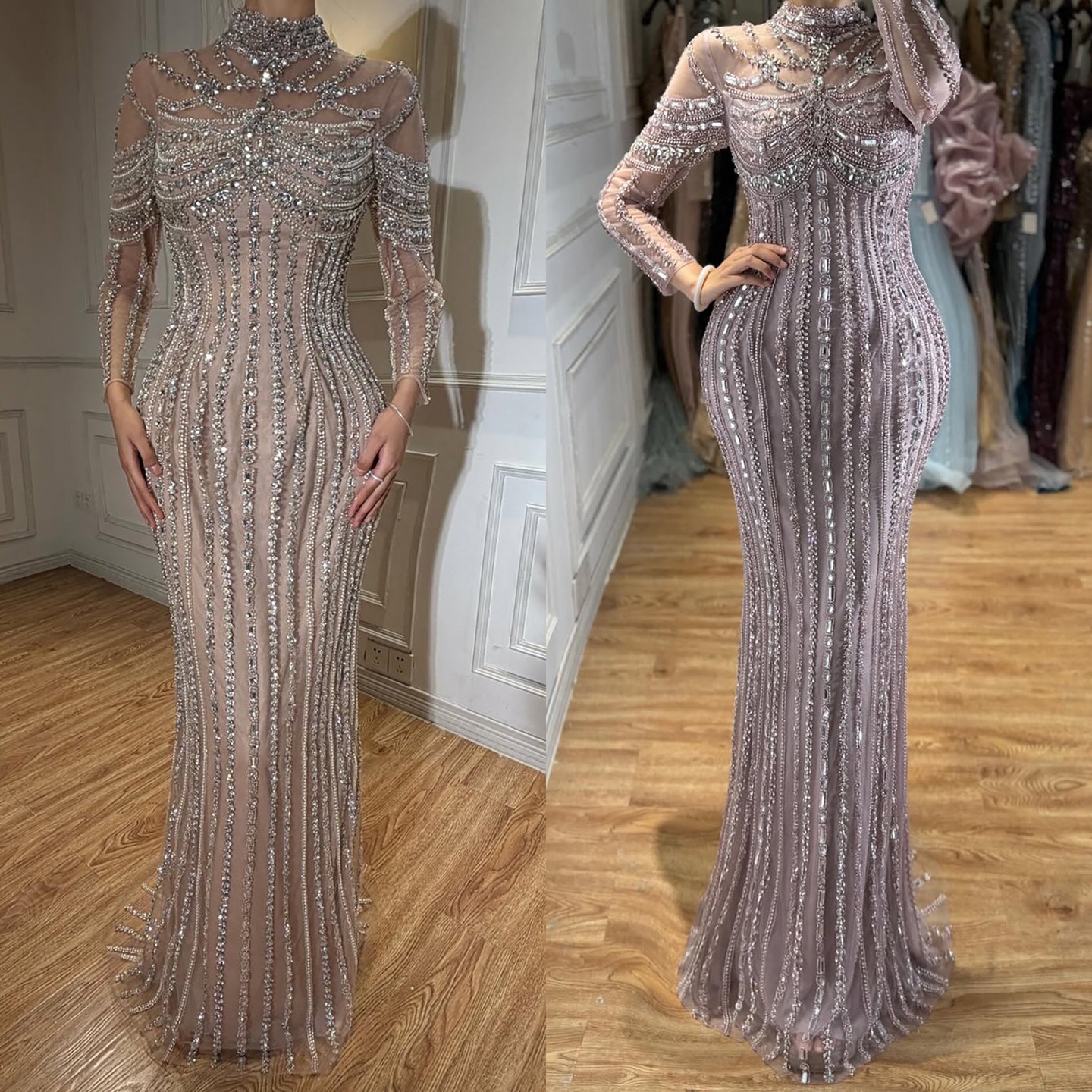 Luxury Nude Crystal Beaded Mermaid Evening Dress LA73391