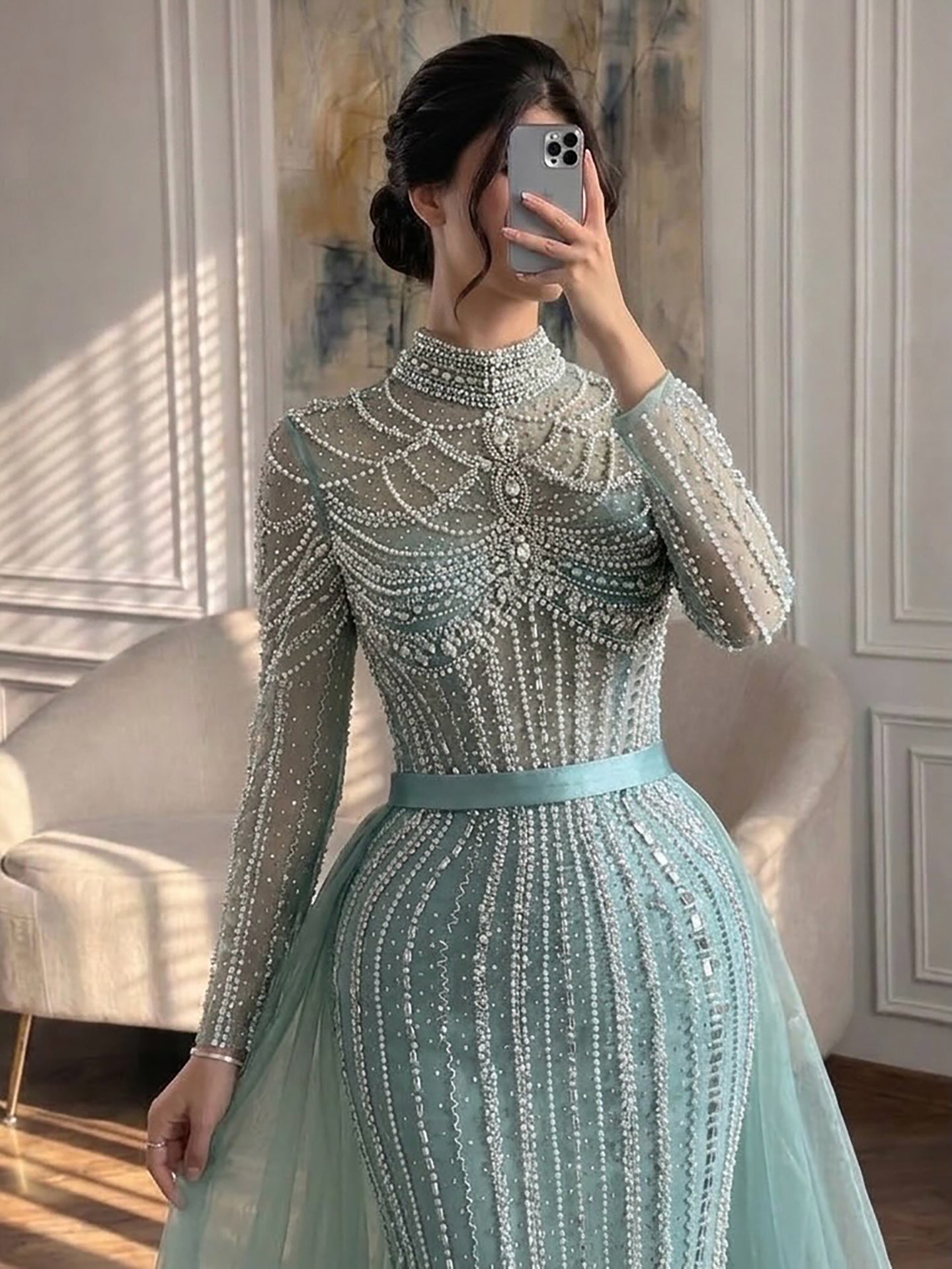 Luxury Nude High Neck Beaded Mermaid Evening Dress with Overskirt LA73391A