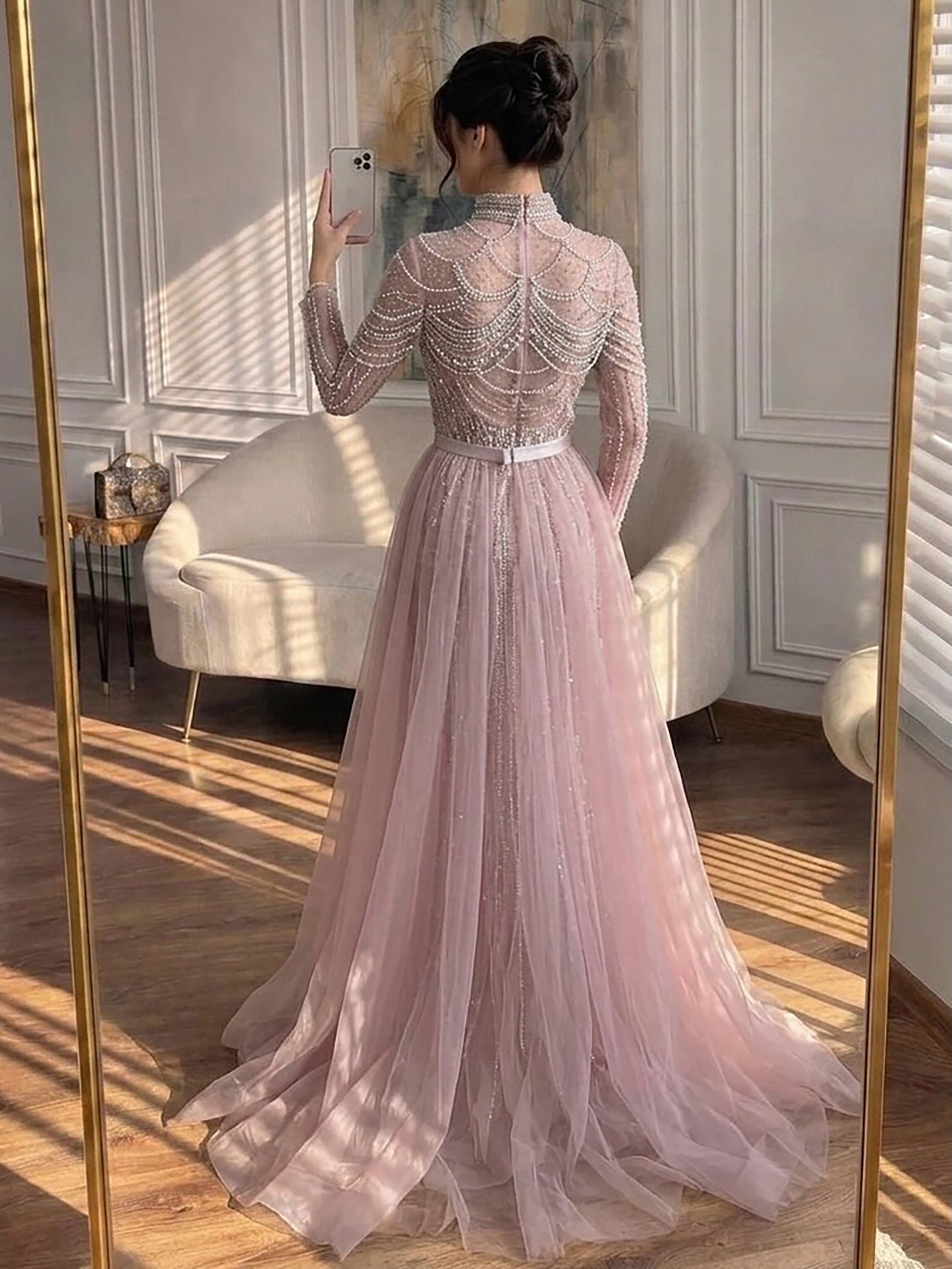 Luxury Nude High Neck Beaded Mermaid Evening Dress with Overskirt LA73391A