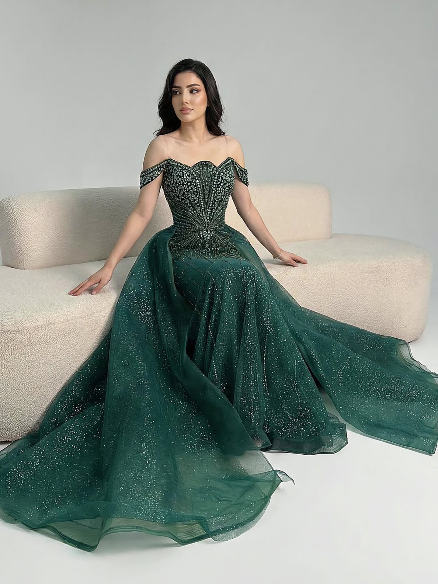 Luxury Beaded Nude Off Shoulder Mermaid Evening Dress LA73392 - SERENE HILL
