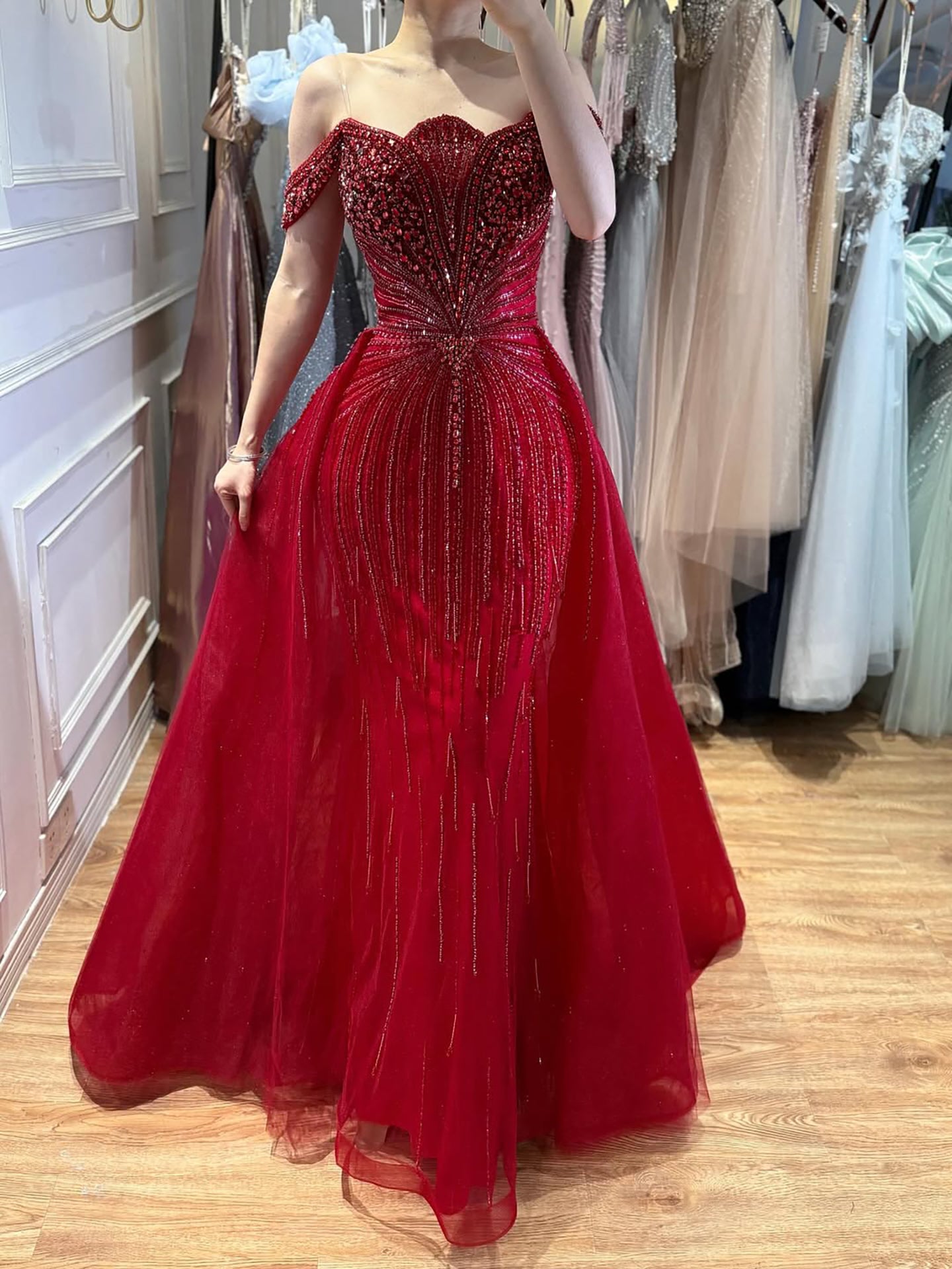 Luxury Beaded Nude Off Shoulder Mermaid Evening Dress LA73392 - SERENE HILL
