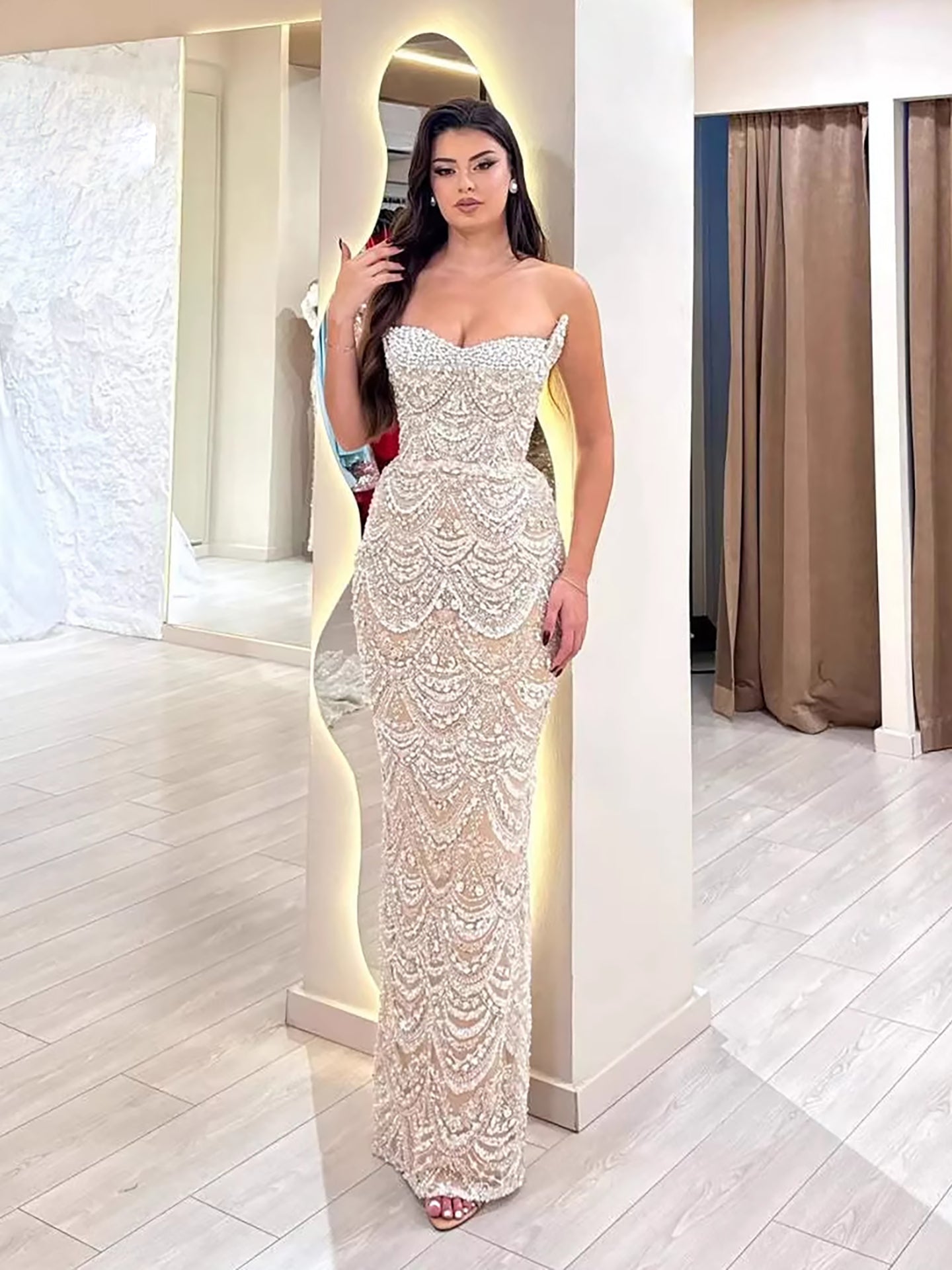 Luxury Nude Pearls Beaded Strapless Mermaid Evening Dress LA73395 - SERENE HILL