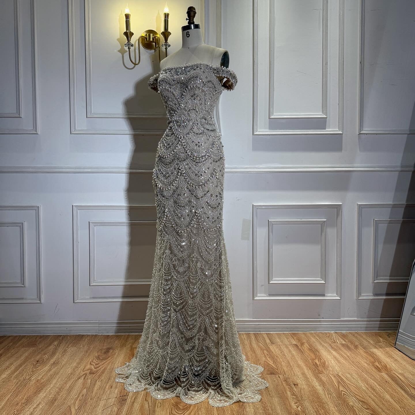 Luxury Nude Pearl Beaded Mermaid Off Shoulder Evening Dress LA73395A SERENE HILL