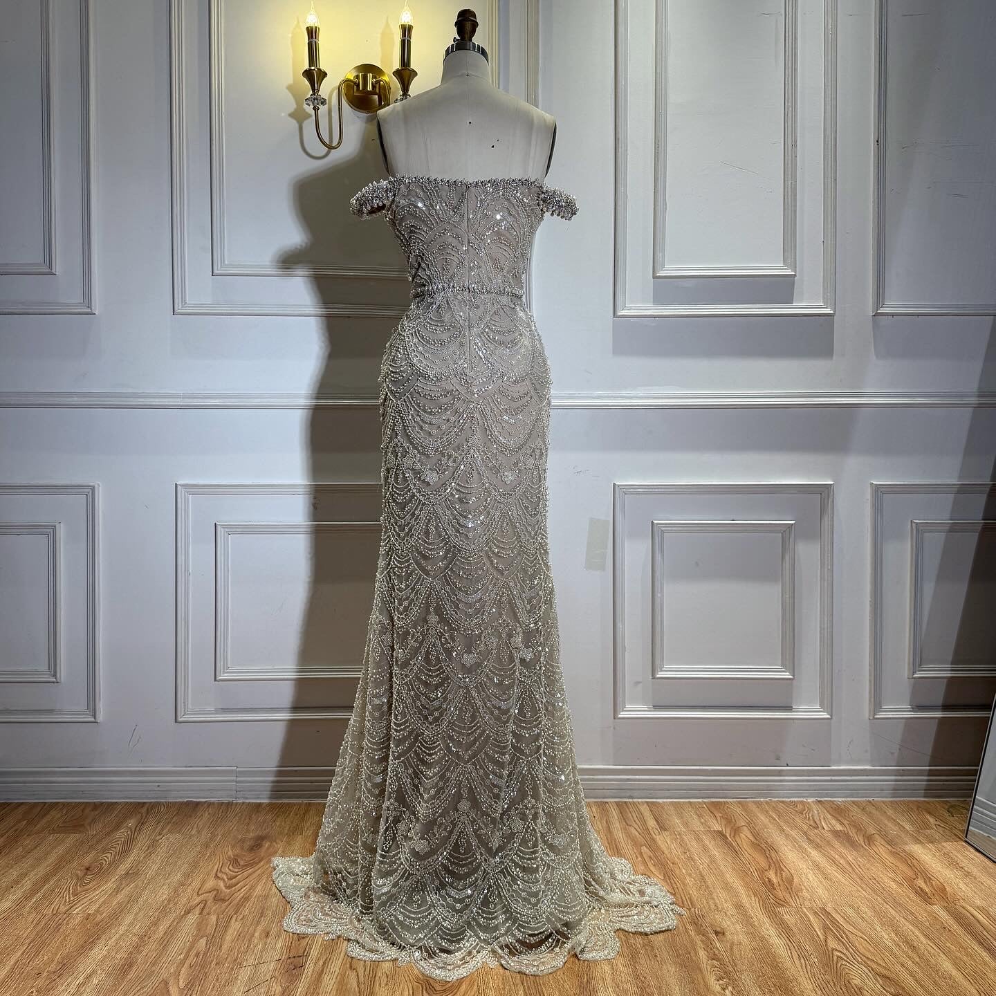 Luxury Nude Pearl Beaded Mermaid Off Shoulder Evening Dress LA73395A SERENE HILL