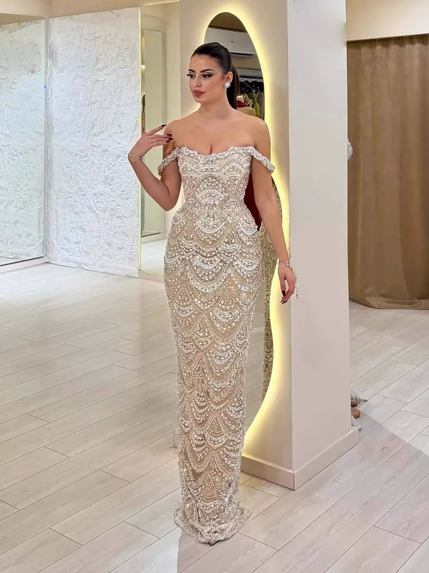 Luxury Nude Pearl Beaded Mermaid Off Shoulder Evening Dress LA73395A - SERENE HILL
