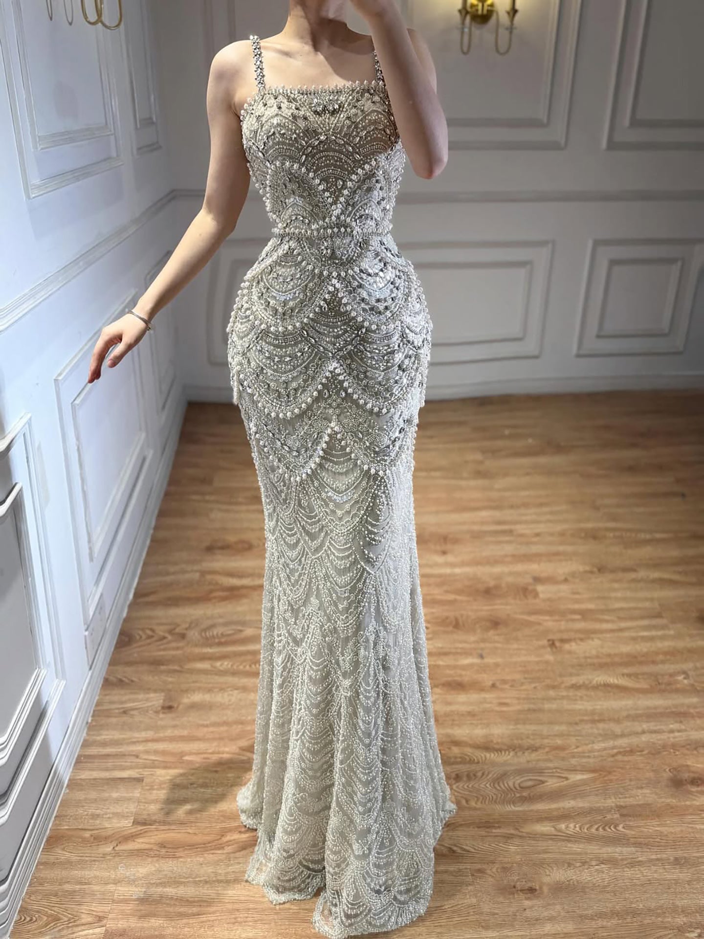 Luxury Nude Pearls Beaded Mermaid Evening Dress LA73395B - SERENE HILL