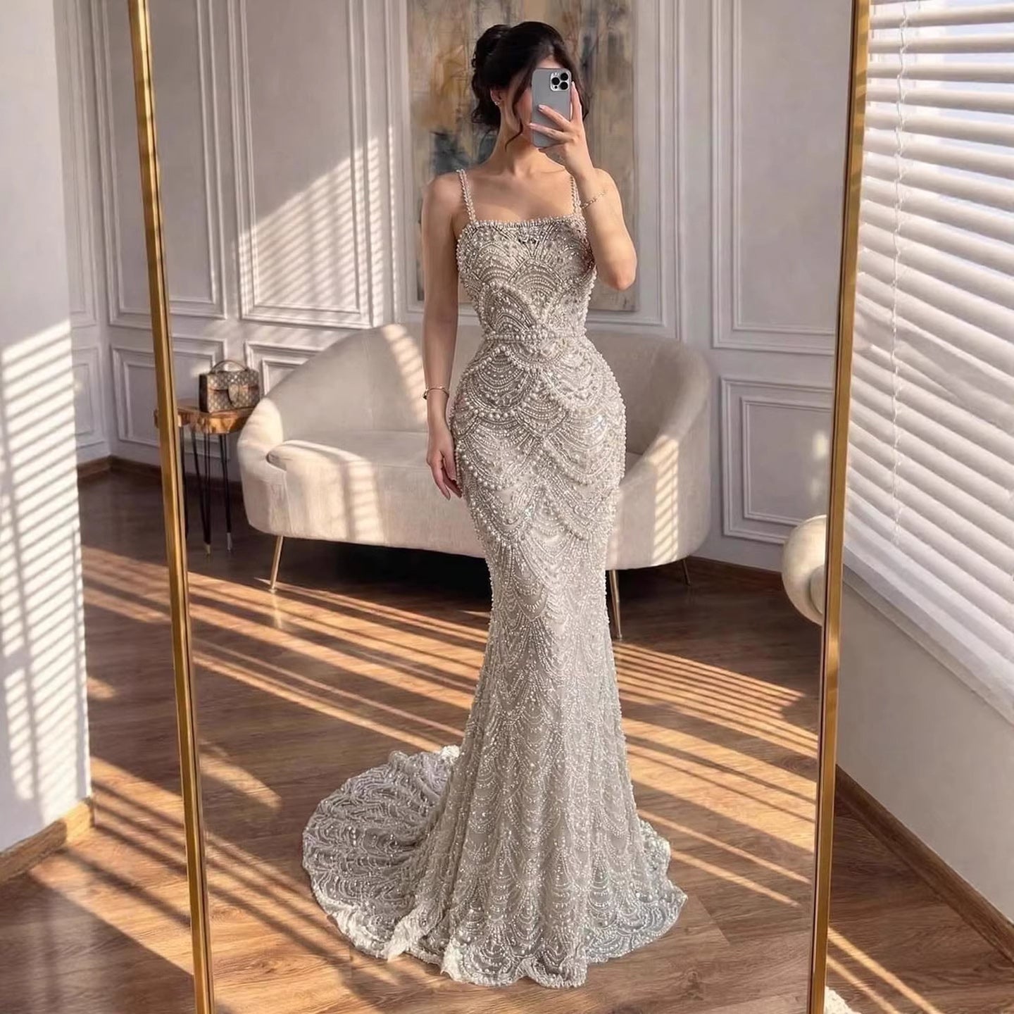 Luxury Nude Pearls Beaded Mermaid Evening Dress LA73395B - SERENE HILL