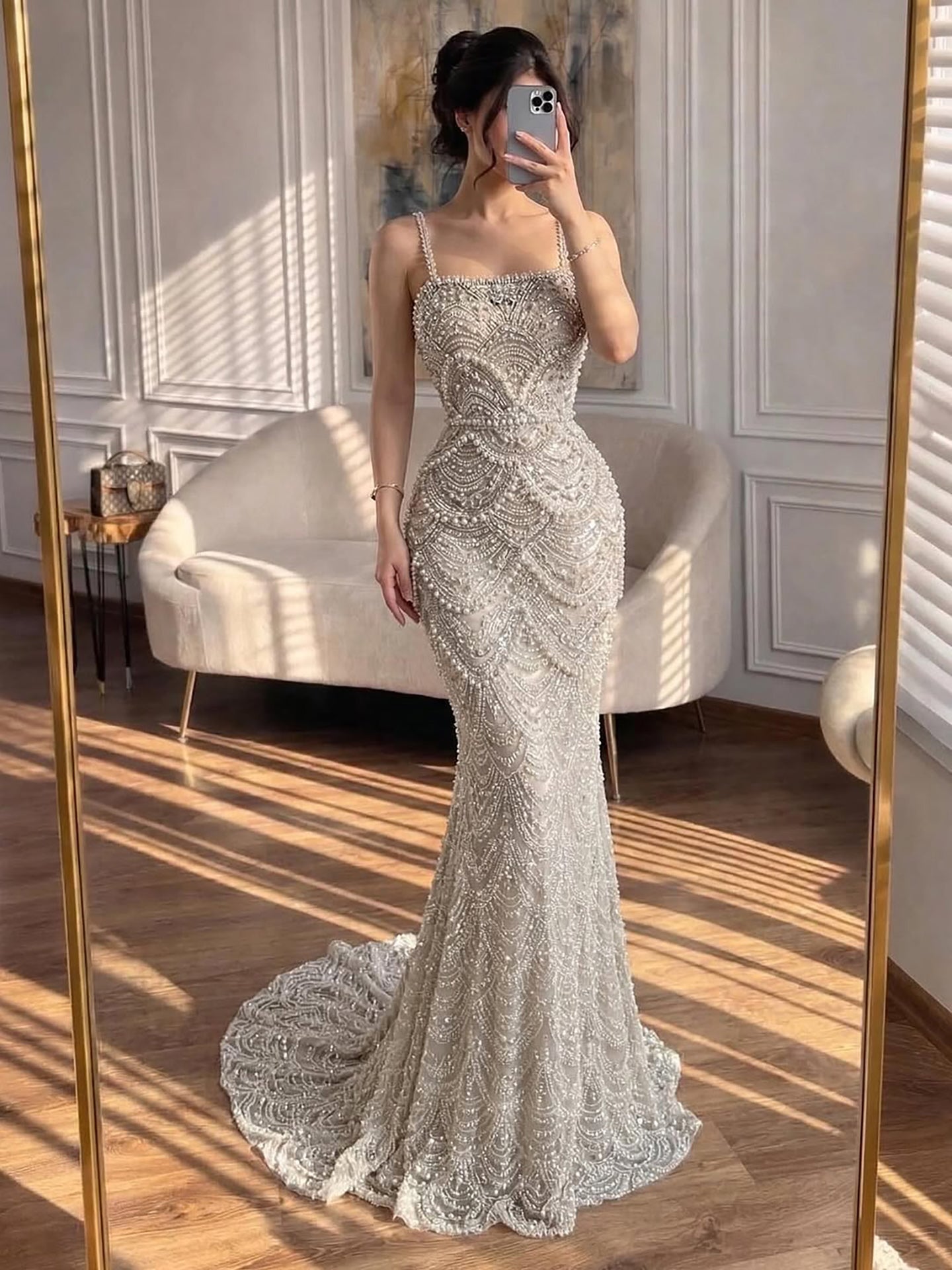 Luxury Nude Pearls Beaded Mermaid Evening Dress LA73395B - SERENE HILL