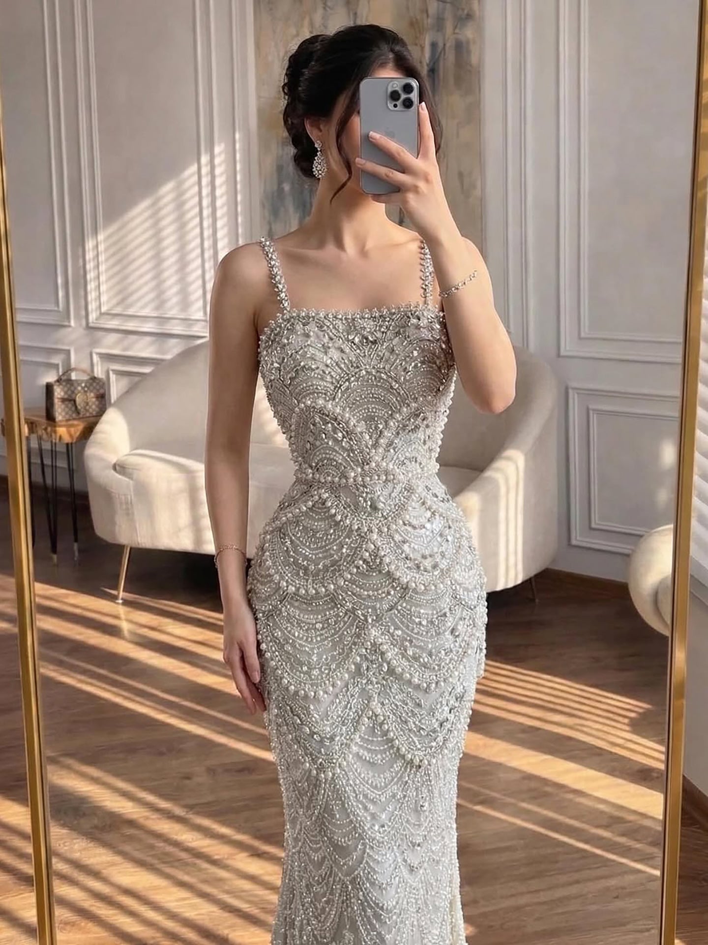Luxury Nude Pearls Beaded Mermaid Evening Dress LA73395B - SERENE HILL