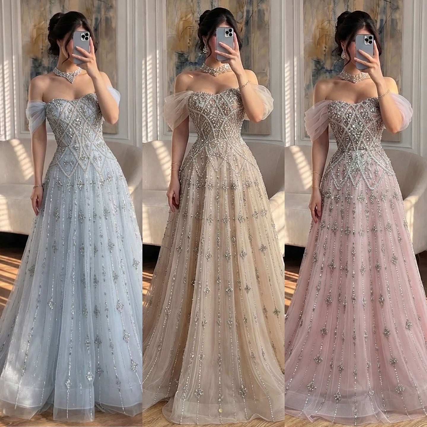 Luxury Gray Blue A-Line Dreamy Beaded Evening Dress With Necklace LA73397 SERENE HILL