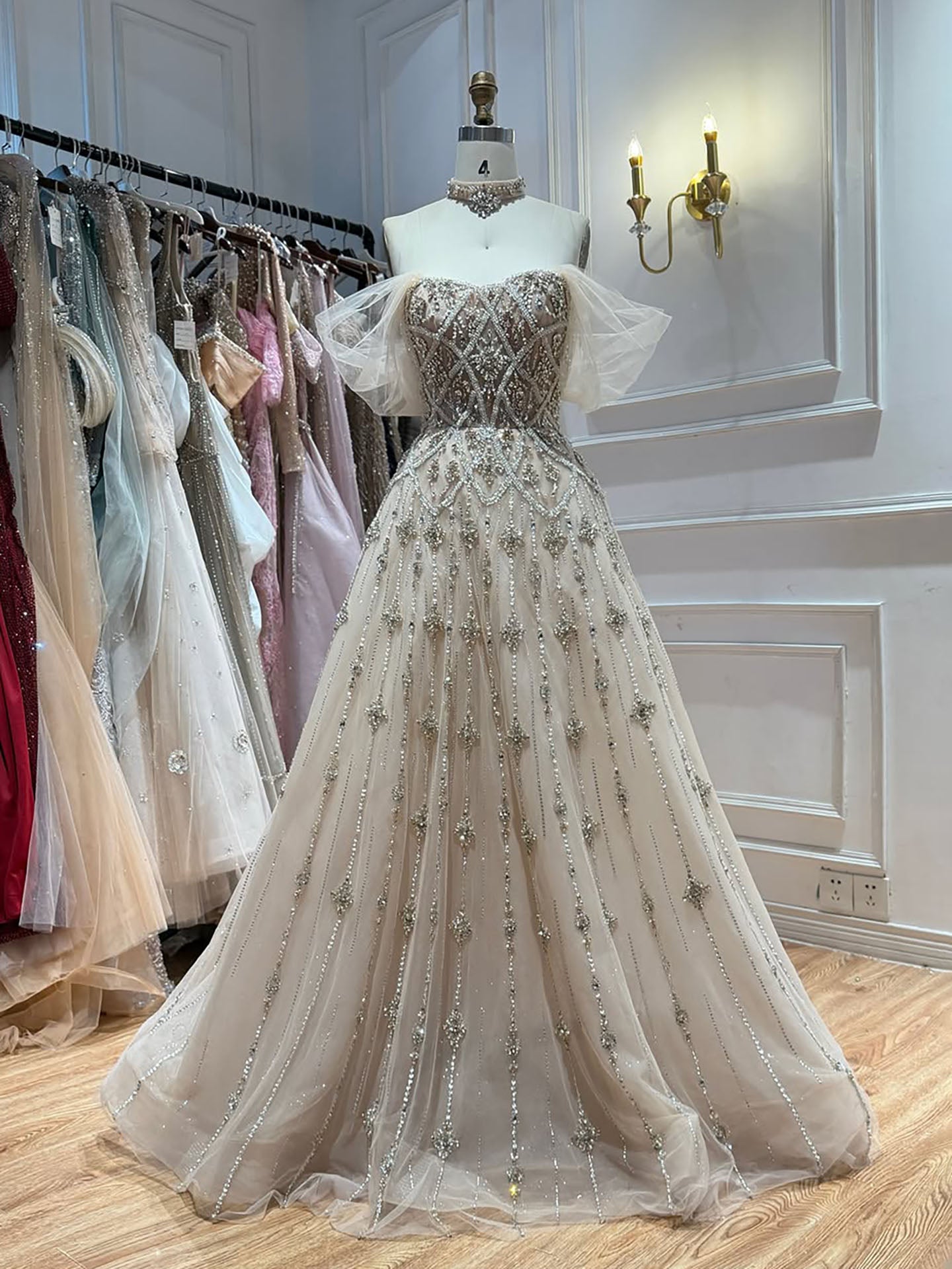 Luxury Gray Blue A-Line Dreamy Beaded Evening Dress With Necklace LA73397 SERENE HILL