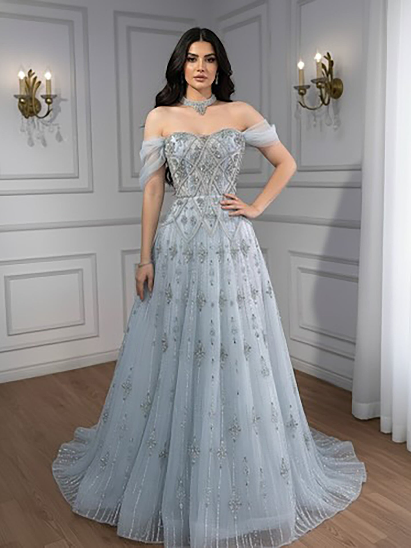Luxury Gray Blue A-Line Dreamy Beaded Evening Dress With Necklace LA73397 - SERENE HILL