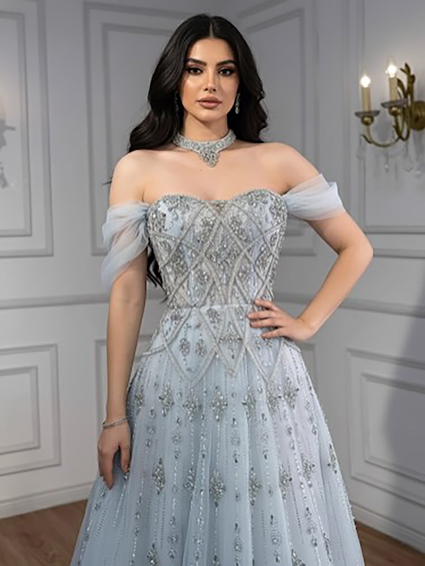 Luxury Gray Blue A-Line Dreamy Beaded Evening Dress With Necklace LA73397 - SERENE HILL