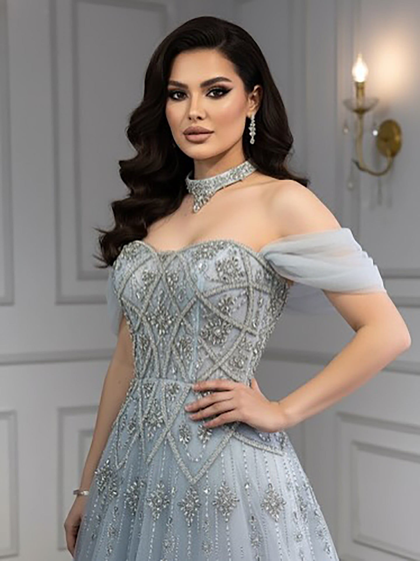 Luxury Gray Blue A-Line Dreamy Beaded Evening Dress With Necklace LA73397 - SERENE HILL