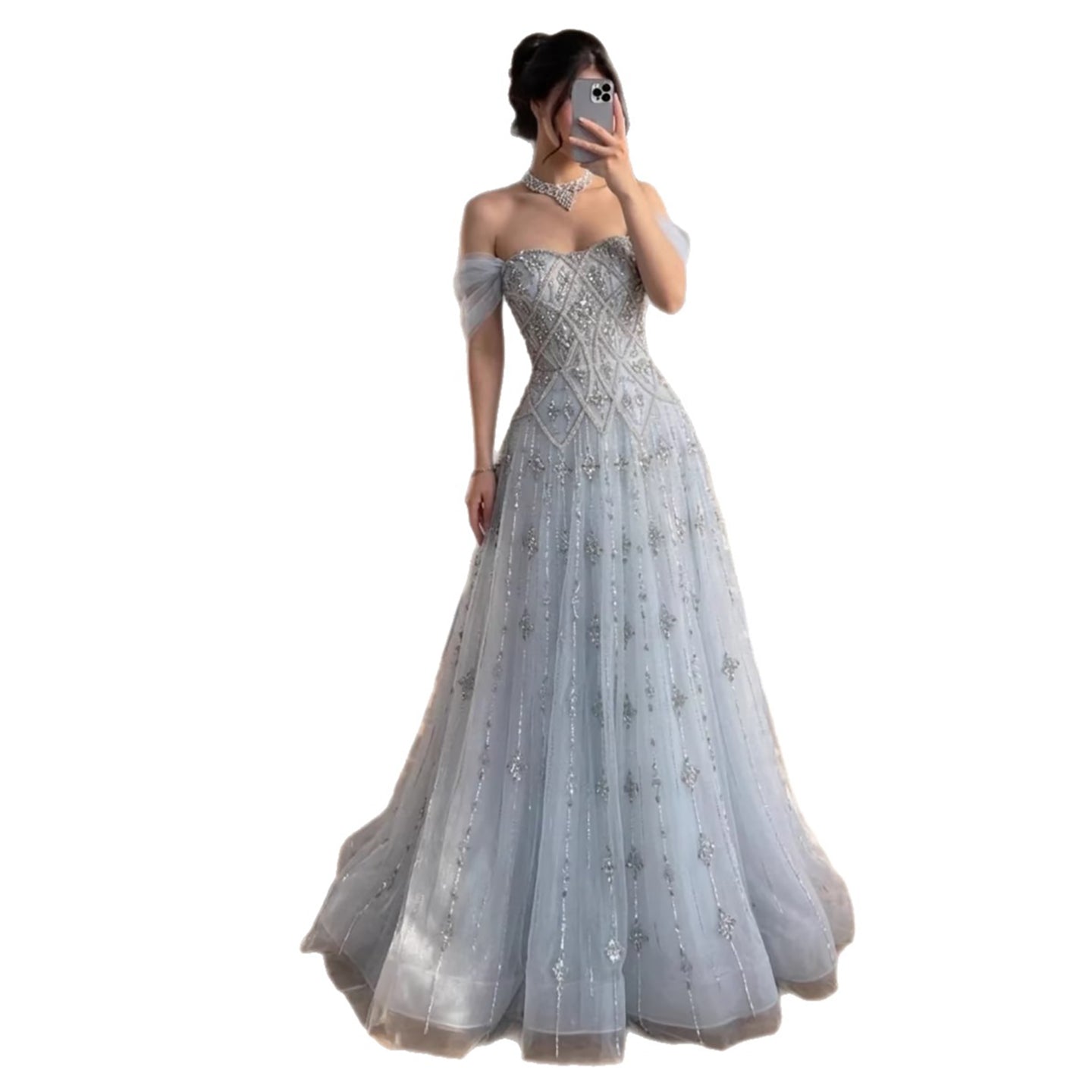 Luxury Gray Blue A-Line Dreamy Beaded Evening Dress With Necklace LA73397 - SERENE HILL