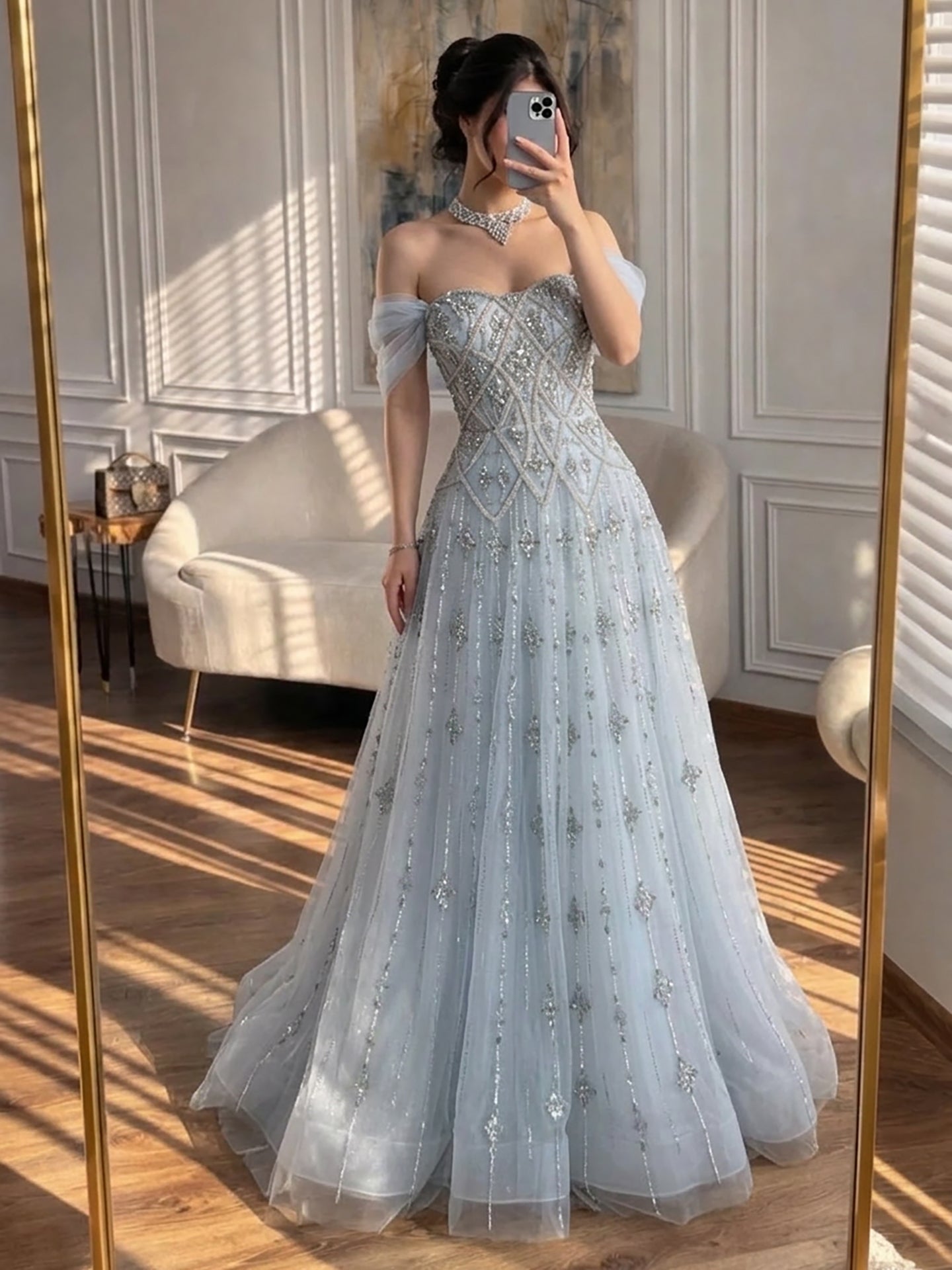 Luxury Gray Blue A-Line Dreamy Beaded Evening Dress With Necklace LA73397 - SERENE HILL