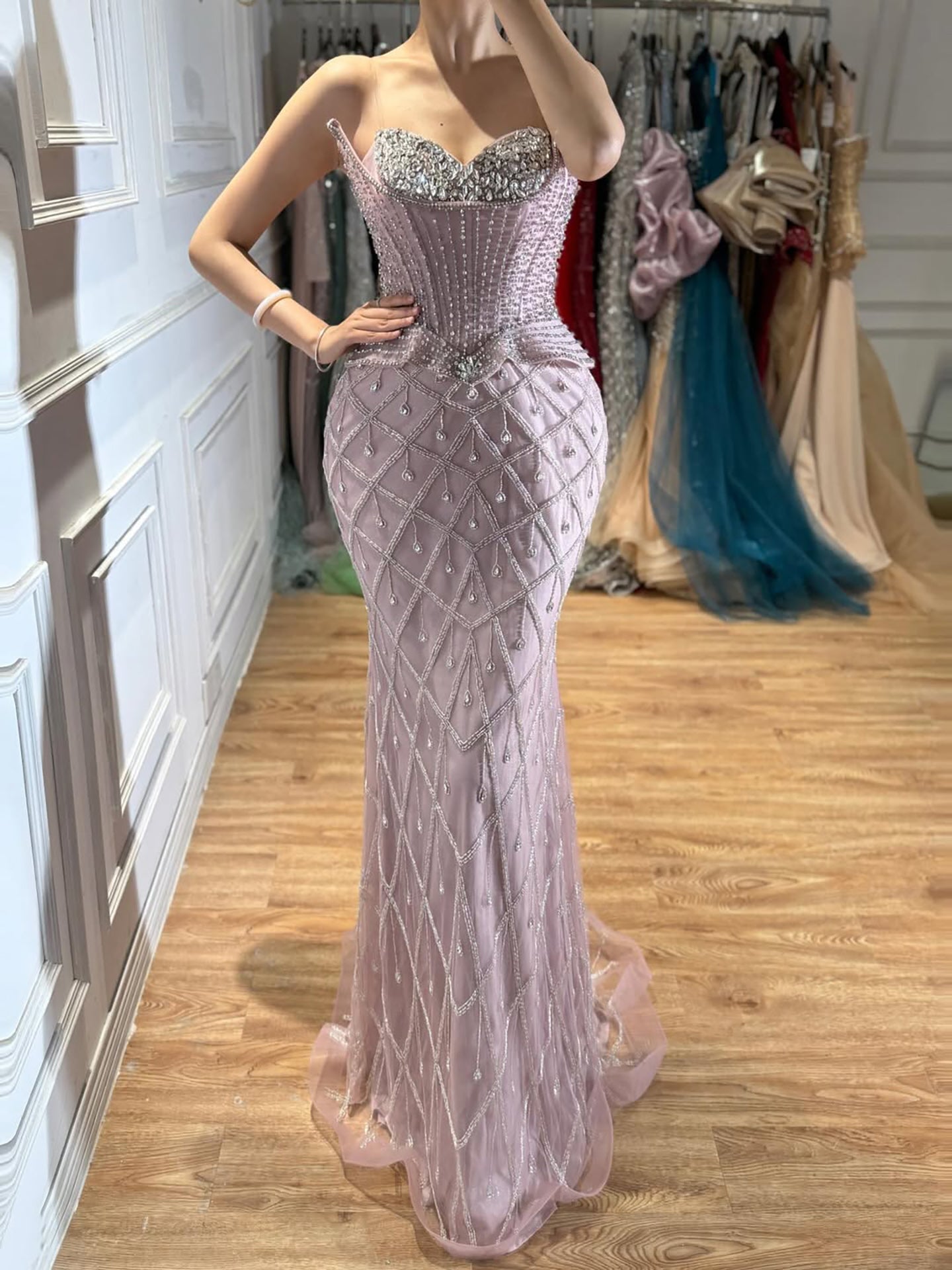 Luxury Nude Crystal Beaded Mermaid Evening Dress LA73400A