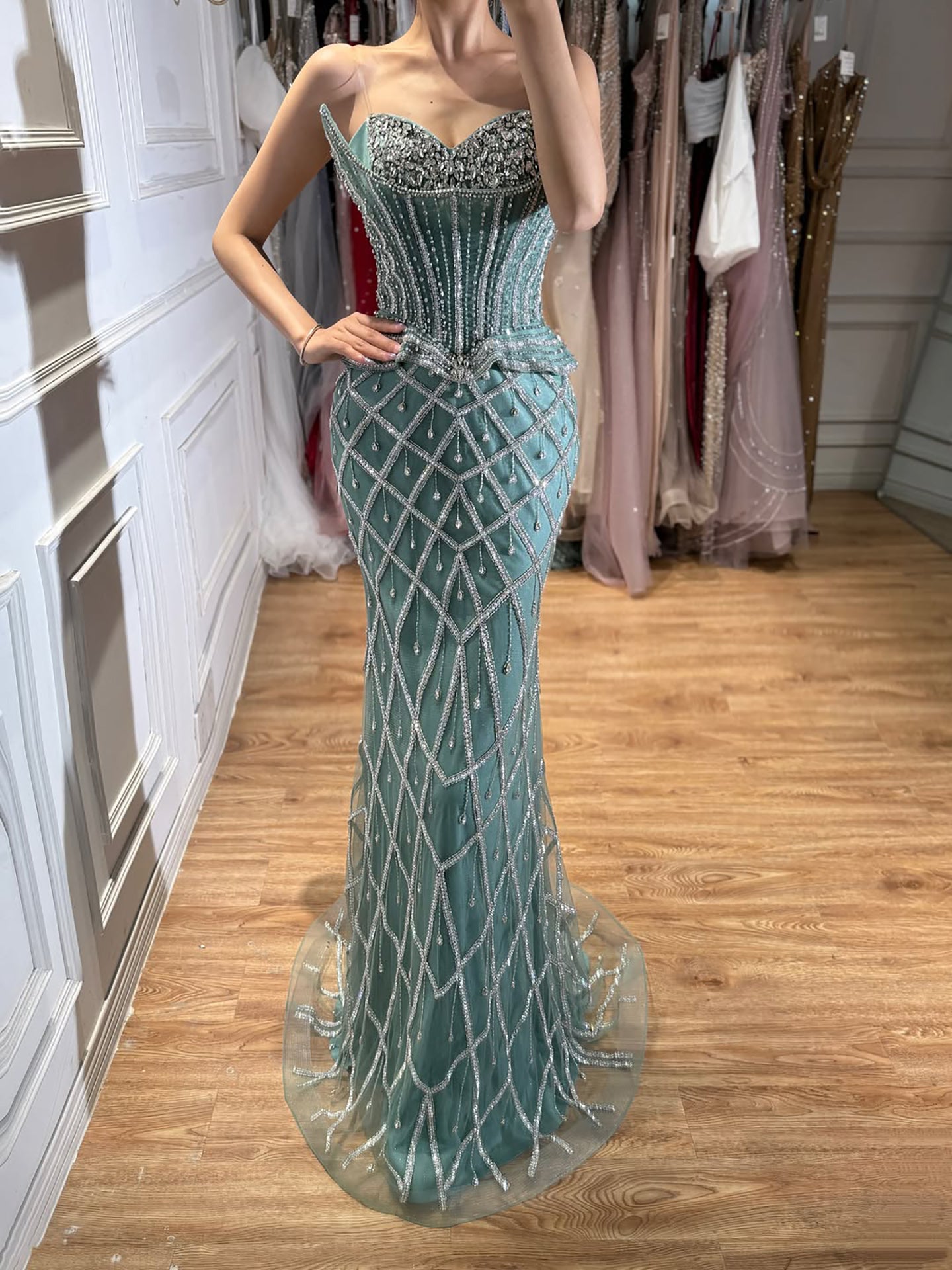 Luxury Nude Crystal Beaded Strapless Peplum Mermaid Dress LA73400B SERENE HILL