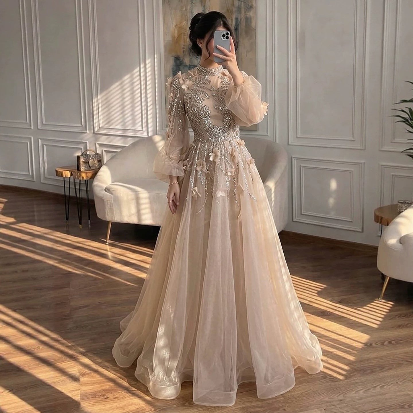Luxury Nude Crystal Beaded Long Sleeve A-Line Evening Dress LA73406 SERENE HILL Luxury Nude Crystal Beaded Long Sleeve A-Line Evening Dress LA73406 SERENE HILL