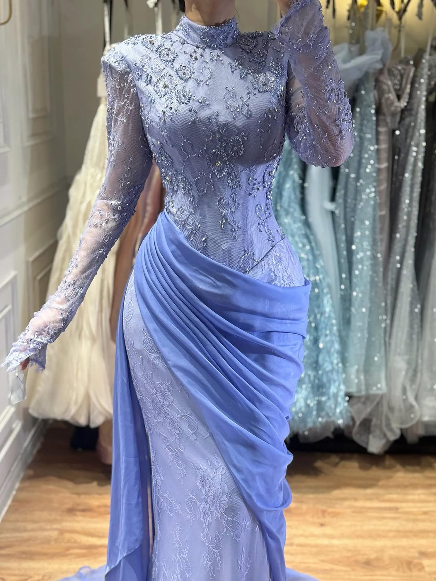 Luxury Lilac High Neck Beaded Mermaid Evening Dress LA73407 - SERENE HILL