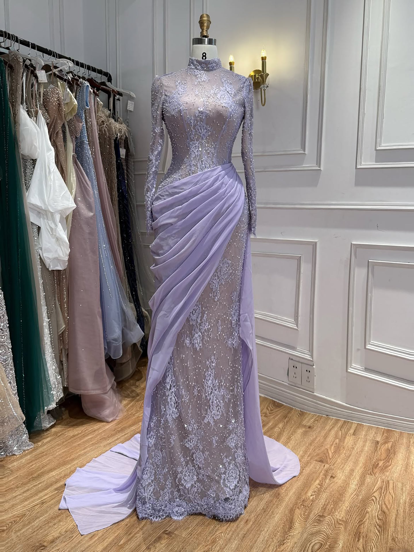 Luxury White Nude Modest High Neck Beaded Mermaid Evening Dress LA73407A SERENE HILL