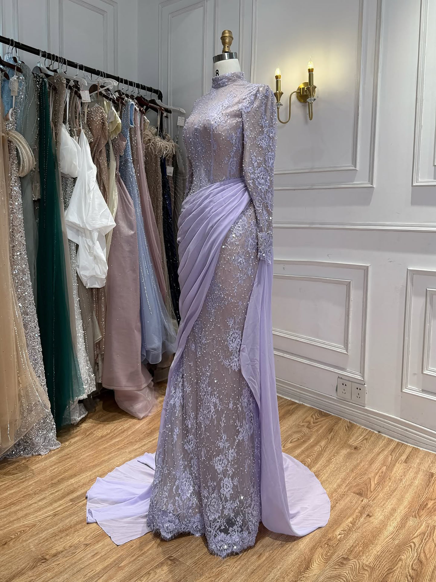 Luxury White Nude Modest High Neck Beaded Mermaid Evening Dress LA73407A SERENE HILL