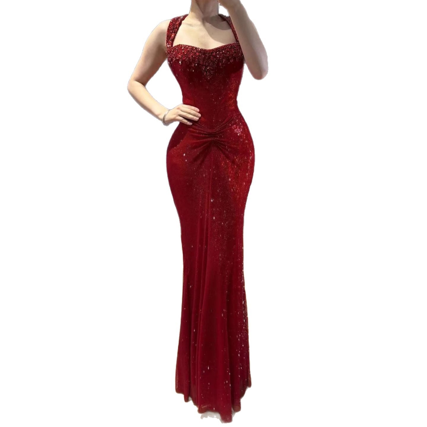 Luxury Gold Halter Crystal Beaded Mermaid Evening Dress LA73410B - SERENE HILL