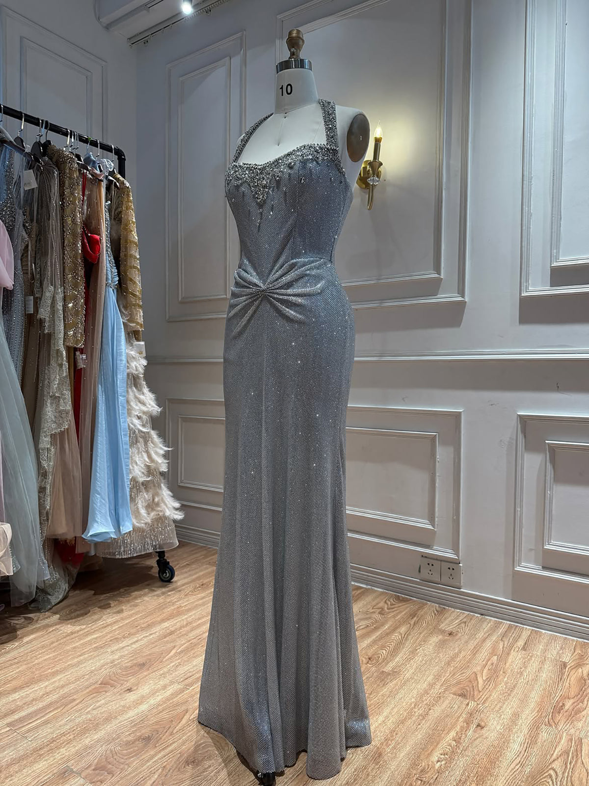 Luxury Gold Halter Crystal Beaded Mermaid Evening Dress LA73410B